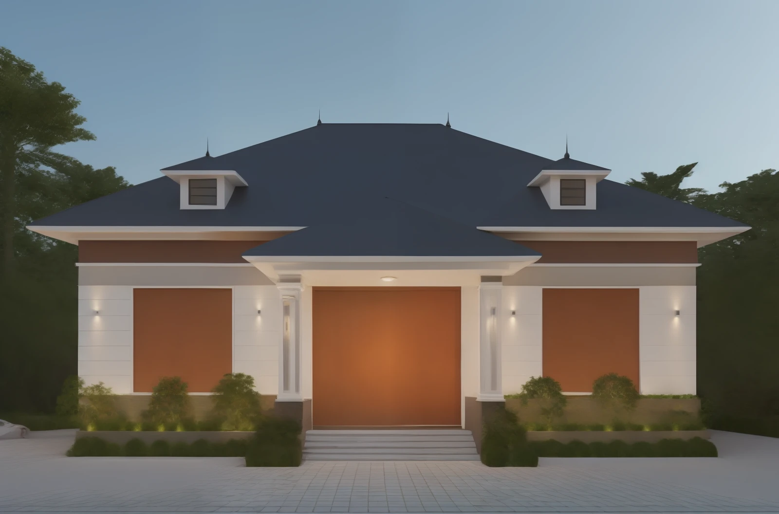 ((Best quality, 8k, Masterpiece :1.3)), Sharp focus :1.2, 1 HOUSE, SLOPE ROOF, (1 wood and glass door:1.2), 2 glass window, (glossy floor), Dawn breaks over a Japanese-style villa, with modern architecture, a roof covered in vegetation, and a clear atmosphere. A tree grows nearby, casting a gentle shadow on the road and floor below., day light at 10:00 am