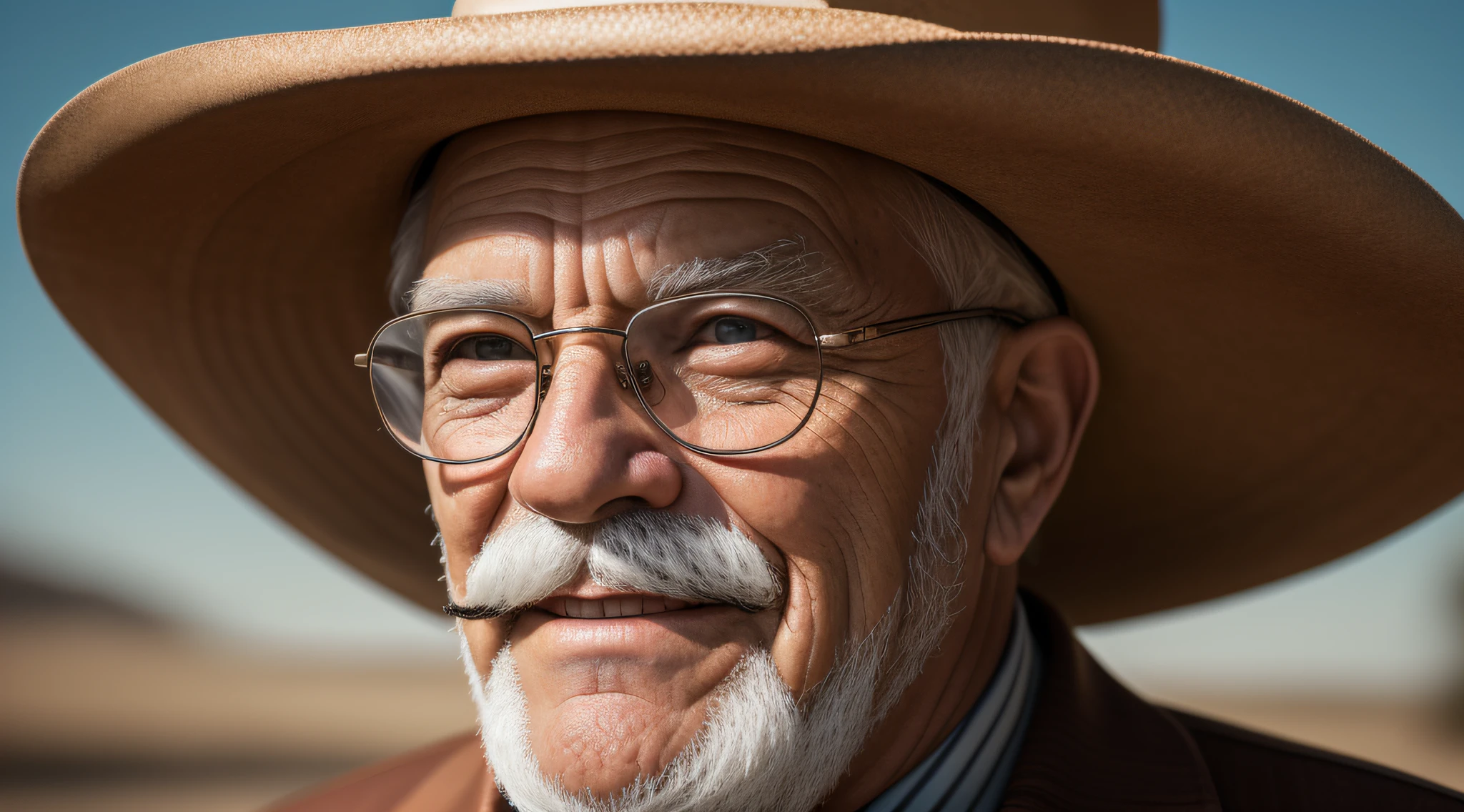 a close up portrait,(extremely detailed 8k wallpaper),centerd,(symmetry),old man,look at viewer,smile,mustache,glasses,cowboy hat,hat over face,35mm,soft cinematic light,4k texture,intricate details,hdr,intricate,(((cinematic look)))