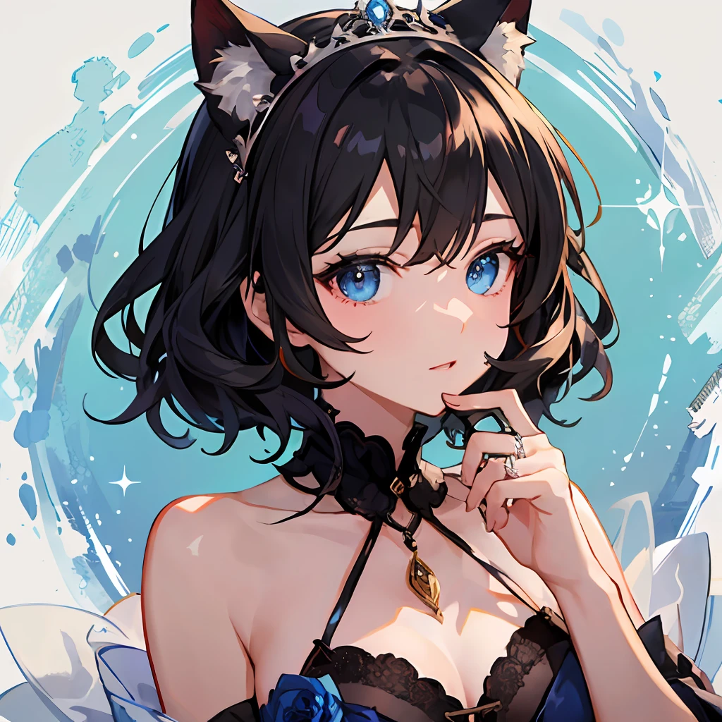 ((最好质量))、((巨作))、((ultra-definition))、(illutst)、(Fine light)、(Extremely delicate and beautiful)、(((独奏)))、a 1 girl、(((a beautifulchi girl) )))、((Best Quality, High_resolution, Distinct_image)),(Black hair), (Black cat ears), (Ahoge), (absurdly short hair), (Wavy hair), (Blue Eyes),Fashionable background、weddingdress、Wearing a tiara、Wearing a ring on the ring finger of his left hand、