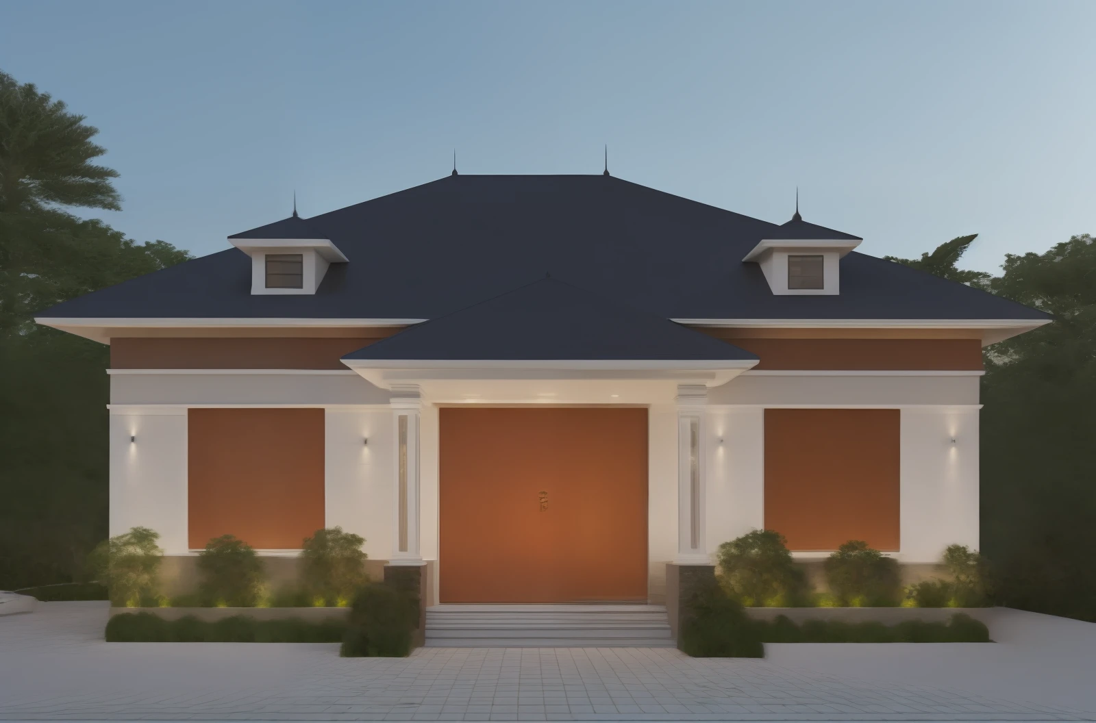 ((Best quality, 8k, Masterpiece :1.3)), Sharp focus :1.2, 1 HOUSE, SLOPE ROOF, (1 wood and glass door:1.2), 2 glass window, (glossy floor), Dawn breaks over a Japanese-style villa, with modern architecture, a roof covered in vegetation, and a clear atmosphere. A tree grows nearby, casting a gentle shadow on the road and floor below., day light at 10:00 am