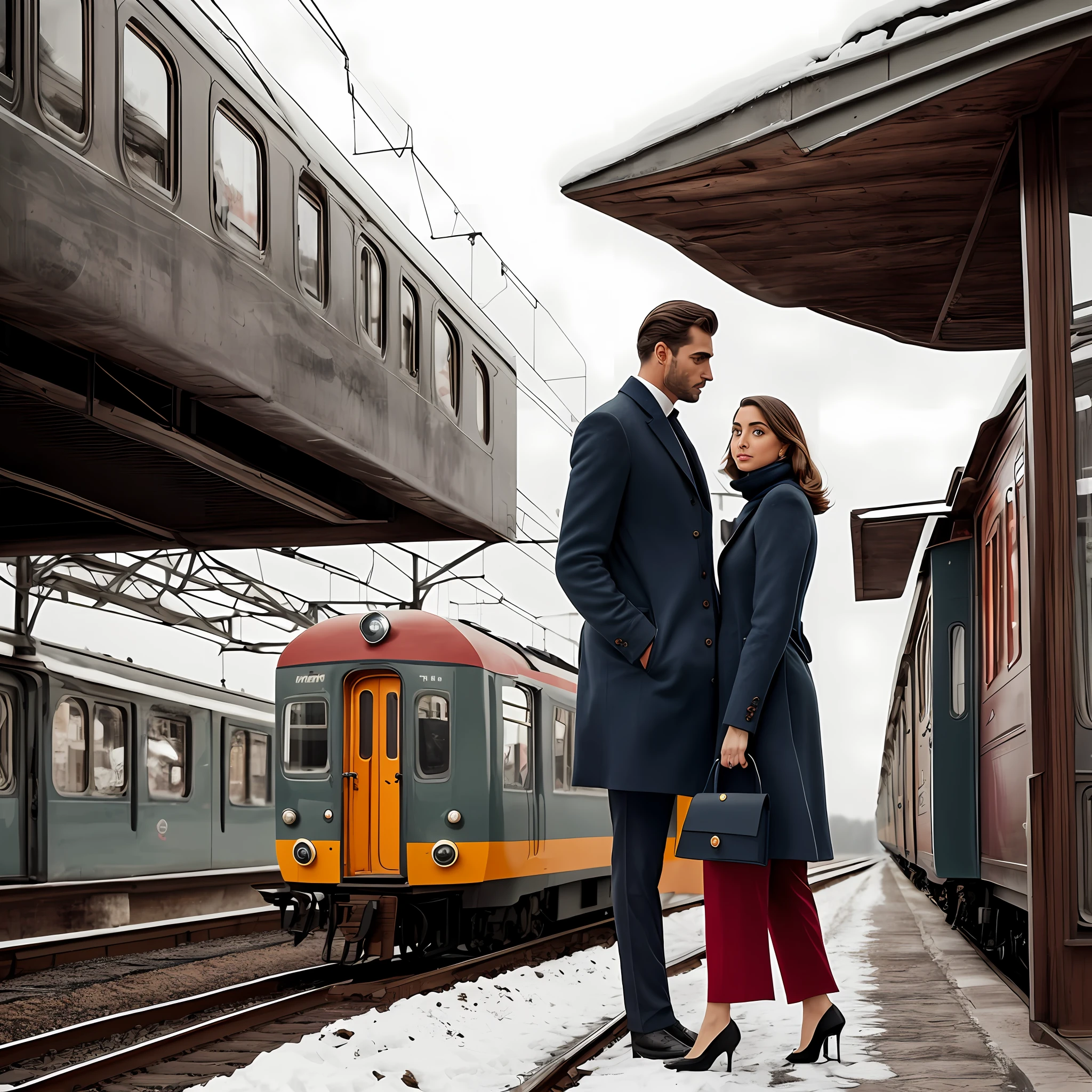 foto ultra realista com o close de um casal. Image with characteristics of the 50s. 1 woman from the 50's, with the characteristics of Ana de Armas with delicate posture, wearing low heels and standard 50's clothes, thermal pants, White wool blouse turtleneck, sobretudo por cima da roupa e cabelo curto, cabelo acima do ombro com cachos nas pontas, com corte do estilo dos anos 50; She's in a small train station, accompanied by a man from the 50's with the posture of an officer in the American air forces, bonito tem cabelo bem curto e loiro claro, olhos azuis, rosto marcante e bonito, com barba. He wears a classic dark overcoat over a gray suit; the two are together in a romantic cinematic image with a dramatic air in the cozy train station with old patterns and of a small town Garibaldi in Rio Grande do Sul, Brasil. The time is in the evening, the is dark skies, brick station lights illuminate, a lot of snow covering the ground and the train, frio, nevoeiro, inverno. Passageiros ao fundo. The scenario with characteristics of the year 1950, with dramatic and melancholic tones --auto