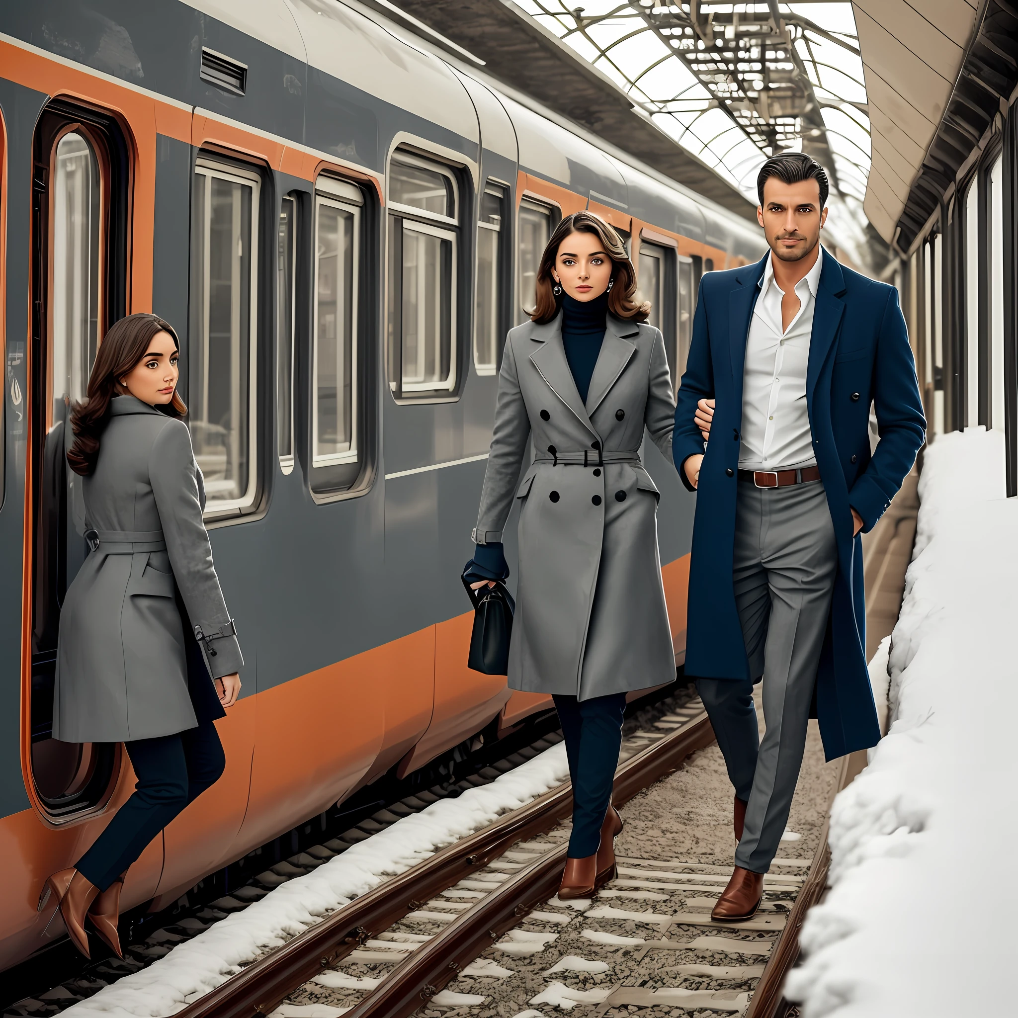 foto ultra realista com o close de um casal. Image with characteristics of the 50s. 1 woman from the 50's, with the characteristics of Ana de Armas with delicate posture, wearing low heels and standard 50's clothes, thermal pants, White wool blouse turtleneck, sobretudo por cima da roupa e cabelo curto, cabelo acima do ombro com cachos nas pontas, com corte do estilo dos anos 50; She's in a small train station, accompanied by a man from the 50's with the posture of an officer in the American air forces, bonito tem cabelo bem curto e loiro claro, olhos azuis, rosto marcante e bonito, com barba. He wears a classic dark overcoat over a gray suit; the two are together in a romantic cinematic image with a dramatic air in the cozy train station with old patterns and of a small town Garibaldi in Rio Grande do Sul, Brasil. The time is in the evening, the is dark skies, brick station lights illuminate, a lot of snow covering the ground and the train, frio, nevoeiro, inverno. Passageiros ao fundo. The scenario with characteristics of the year 1950, with dramatic and melancholic tones --auto