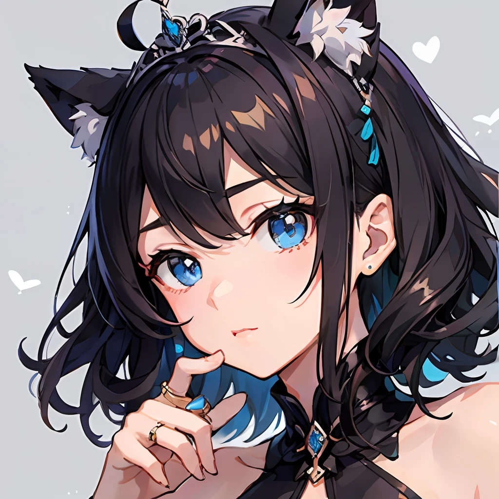((最好质量))、((巨作))、((ultra-definition))、(illutst)、(Fine light)、(Extremely delicate and beautiful)、(((独奏)))、a 1 girl、(((a beautifulchi girl) )))、((Best Quality, High_resolution, Distinct_image)),(Black hair), (Black cat ears), (Ahoge), (absurdly short hair), (Wavy hair), (Blue Eyes),Fashionable background、weddingdress、Wearing a tiara、Wearing a ring on the ring finger of his left hand、