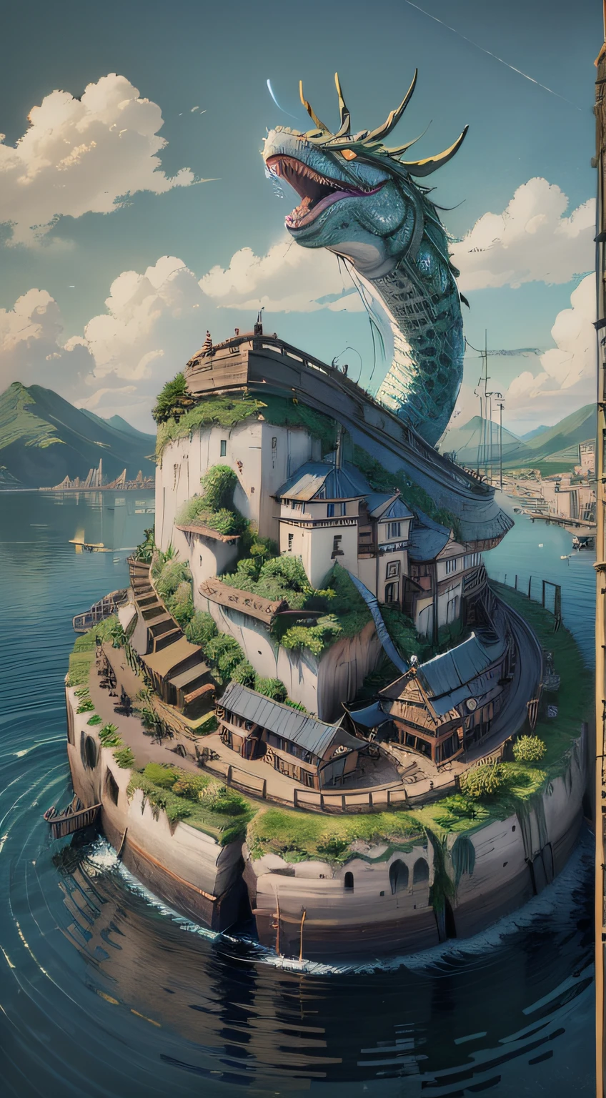 UMA ILHA, WITHIN THIS ISLAND A LARGE CITY WITH BUILDINGS, E UMA GRANDE SERPENTE EM BAIXO DESSA ILHA