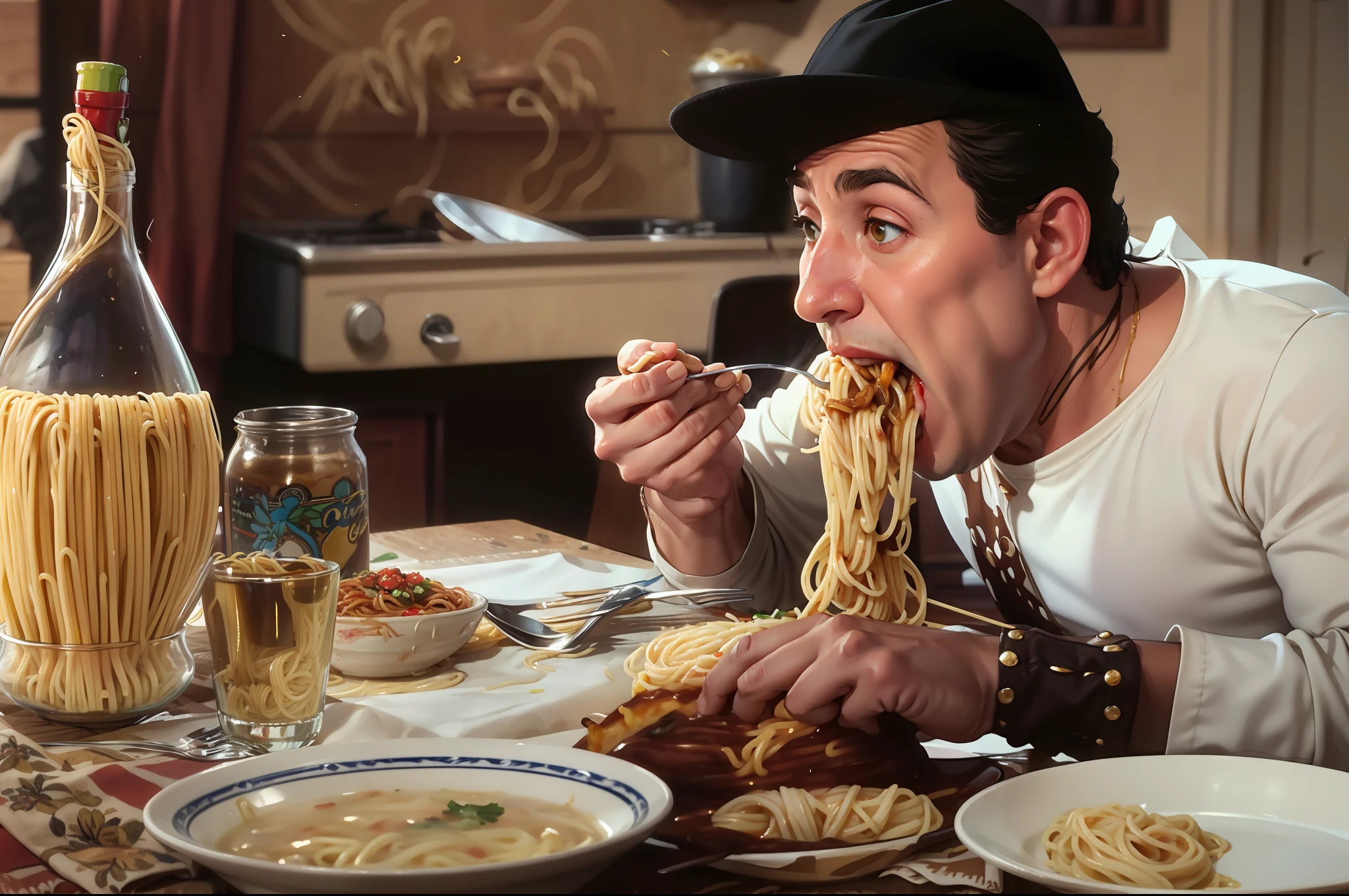 arafed man eating spaghetti with a fork at a table, slurping spaghetti, eating spaghetti, eats pasta all the time, eating spaghetti from a bowl, fred flintstone eating tamales, 1940s food photography, eating noodles, spaghetti, mom's spaghetti he's nervous, spaghetti in the nostrils, gluttony, award winning colorized photo