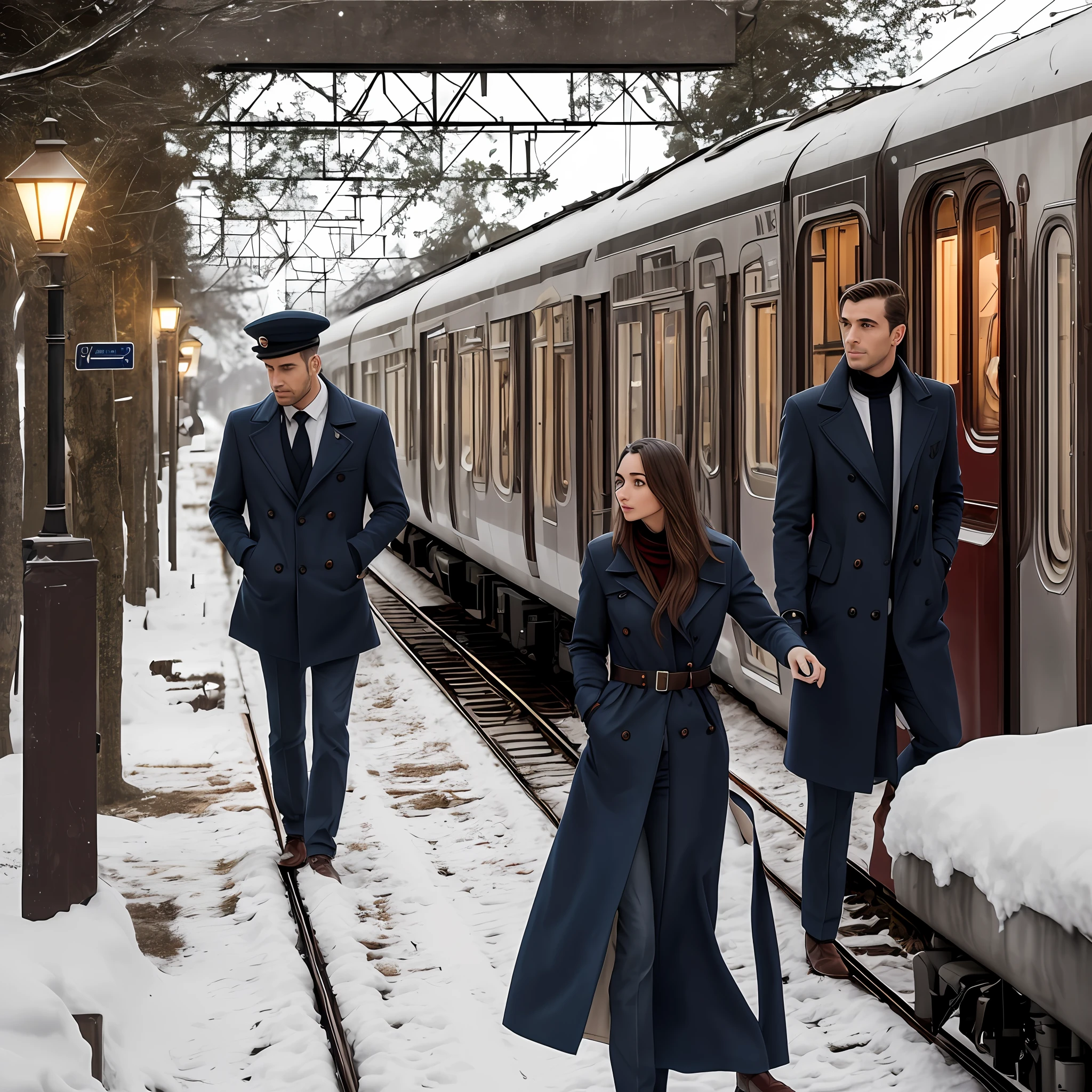 foto ultra realista com o close de um casal. Image with characteristics of the 50s. 1 woman with the characteristics of Ana de Armas with delicate posture, wearing low heels and standard 50's clothes, thermal pants, White wool blouse turtleneck, sobretudo por cima da roupa e cabelo curto, acima do ombro, com corte do estilo dos anos 50; She's in a small train station, accompanied by a man with the posture of an officer in the American air forces, bonito tem cabelo bem curto e loiro, olhos azuis, rosto marcante e bonito, com barba. He wears a classic dark overcoat over a gray suit with jacket and tie; the two are together in a romantic cinematic image with a dramatic air in the cosy train station with old patterns and of a small town in the town of St. Gallen in Switzerland. The time is in the evening, the is dark skies, brick station lights illuminate, a lot of snow covering the ground and the train, frio, nevoeiro, inverno. Passageiros ao fundo. The scenario with characteristics of the year 1950, with dramatic and melancholic tones --auto