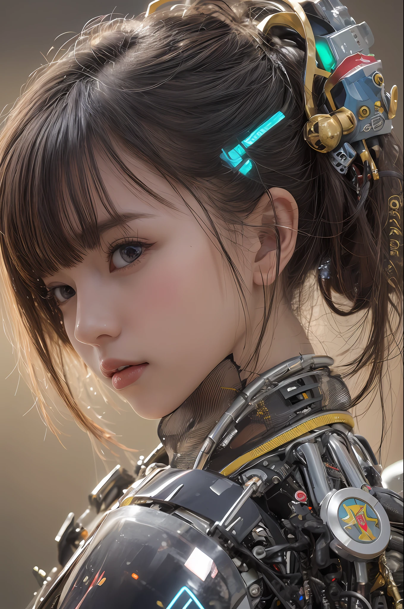 Top Quality, Masterpiece, Ultra High Resolution, (Photorealistic: 1.4), Raw Photo, 1 cyberpunk Girl, Black Hair, Glossy Skin, 1 Mechanical Girl, depth of field focus f/2.8, (Ultra Realistic Detail)), Contrast, Shadows, Octane Rendering, 8K, Ultra Sharp, Cleavage Exposed, Raw Skin, Metal, Intricate Ornament Details, Japan Details, Very intricate details, realistic light, CGSoation trend, facing the camera, neon details, mechanical limbs, blood vessels connected to the tube, mechanical vertebrae attached to the back, mechanical cervical attachment to the neck, wires and cables connecting to the head, gundam, small LED lamps.