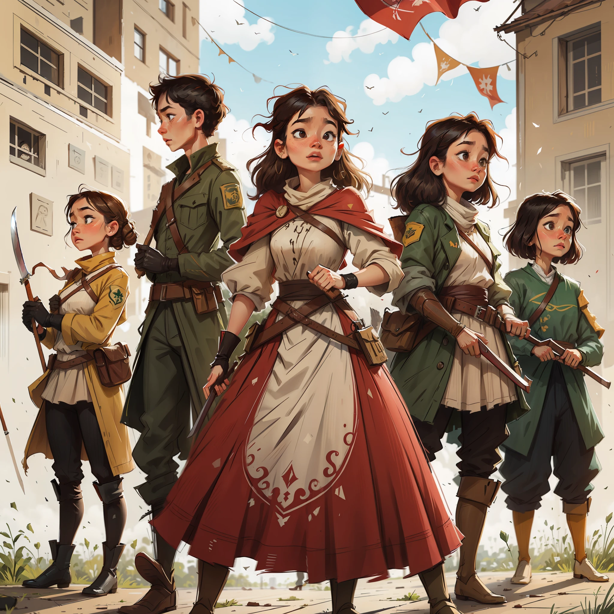 peasant resistance battalions, com roupas simples, vestidos longos, random clothes, saias rodada. Mulheres, homens, jovens e idosos se uniram, each bringing machete, varas de pau,e coragem para o movimento. Mariazinha in front as the leader of the Battalions , image as of revolution, Wielding flags of justice.