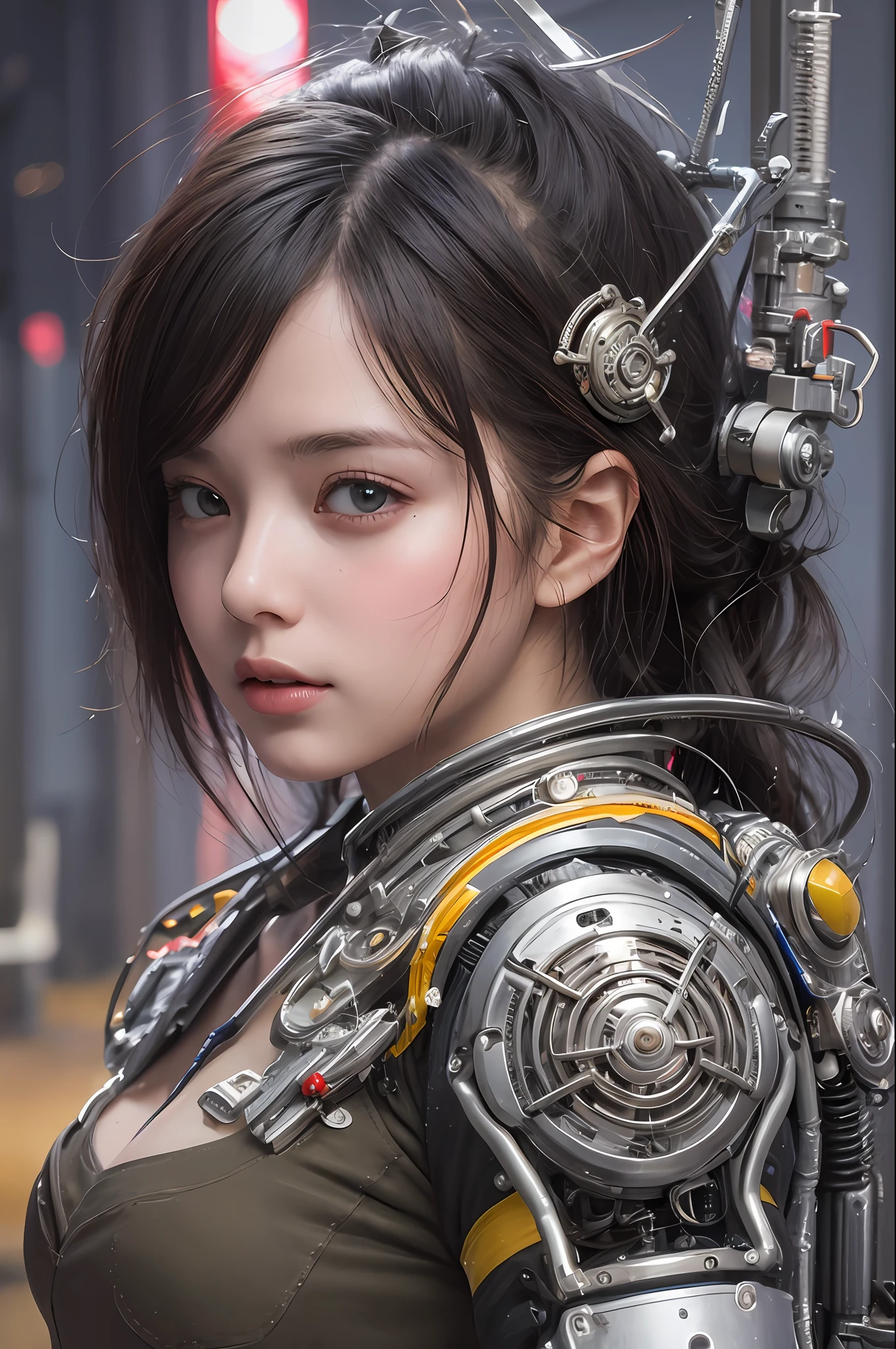 Top Quality, Masterpiece, Ultra High Resolution, (Photorealistic: 1.4), Raw Photo, 1 cyberpunk Girl, Black Hair, Glossy Skin, 1 Mechanical Girl, depth of field focus f/2.8, (Ultra Realistic Detail)), Contrast, Shadows, Octane Rendering, 8K, Ultra Sharp, Cleavage Exposed, Raw Skin, Metal, Intricate Ornament Details, Japan Details, Very intricate details, realistic light, CGSoation trend, facing the camera, neon details, mechanical limbs, blood vessels connected to the tube, mechanical vertebrae attached to the back, mechanical cervical attachment to the neck, wires and cables connecting to the head, gundam, small LED lamps.