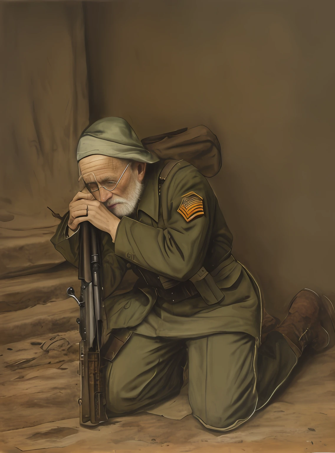 drawing of a old man kneeling down with a rifle in his hand, solo male weary soldier,