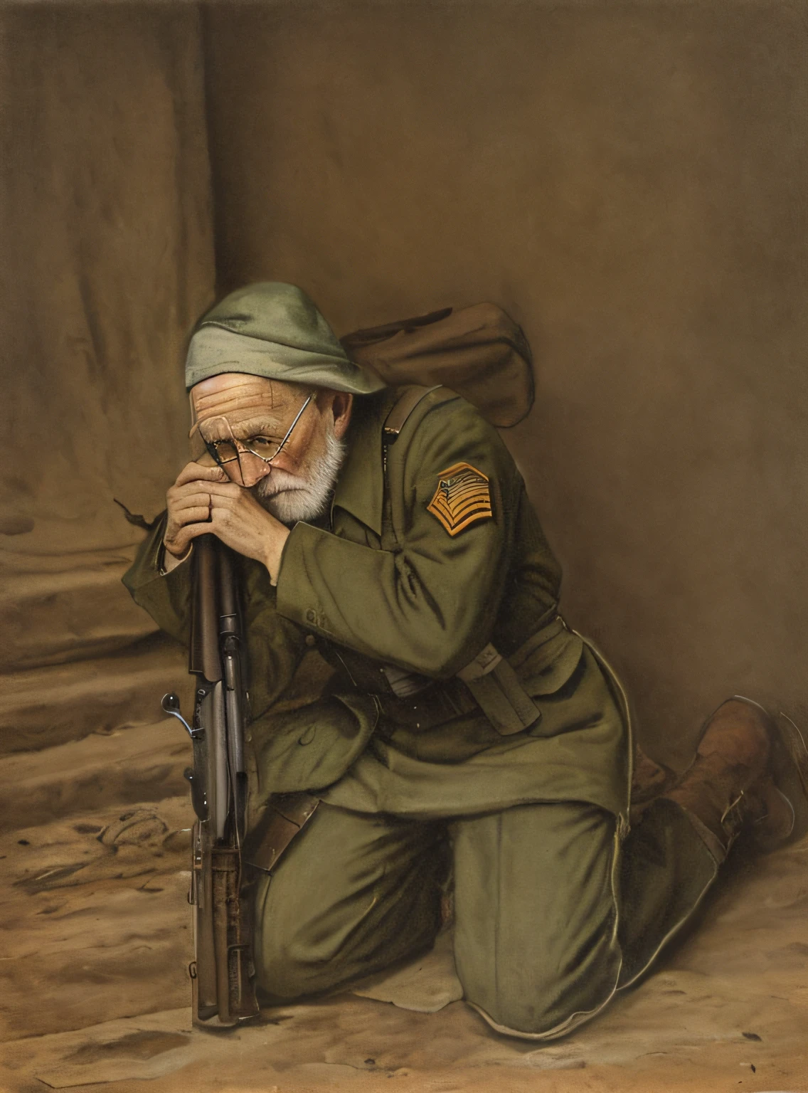 drawing of a old man kneeling down with a rifle in his hand, solo male weary soldier,