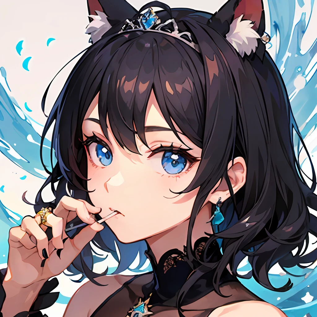 ((最好质量))、((巨作))、((ultra-definition))、(illutst)、(Fine light)、(Extremely delicate and beautiful)、(((独奏)))、a 1 girl、(((a beautifulchi girl) )))、((Best Quality, High_resolution, Distinct_image)),(Black hair), (Black cat ears), (Ahoge), (absurdly short hair), (Wavy hair), (Blue Eyes),Fashionable background、weddingdress、Wearing a tiara、Wearing a ring on the ring finger of his left hand、Holding a cigarette、
