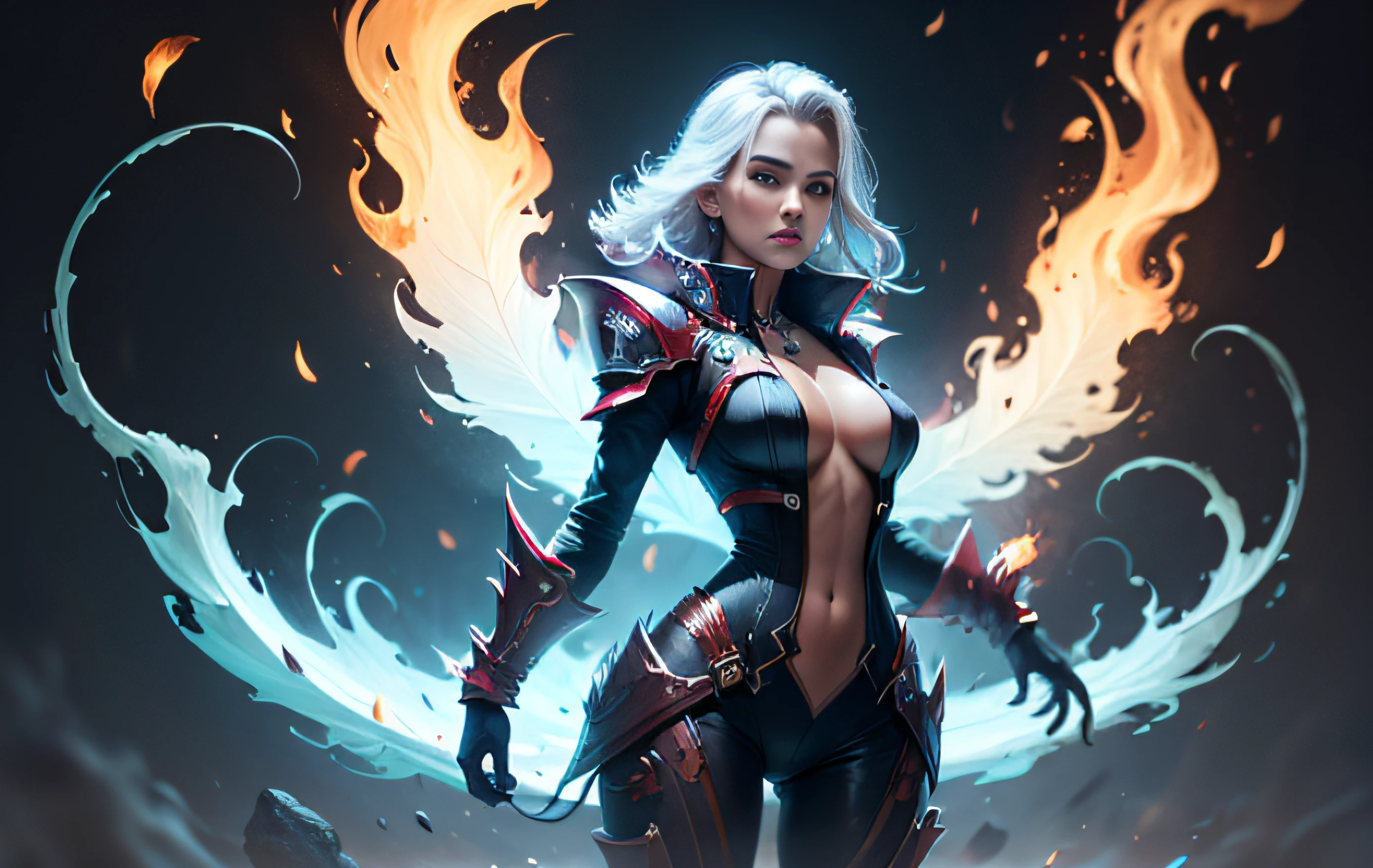 Uma bela garota branca de cabelo preto longo ao vento, corpo completo, luz do fogo, chama ao redor, Magic messenger of fire, cabelo solto ao vento, cabelo preto longo, olhos grandes azuis aquosos, cintura fina, quadris largos, vestes de mago comprida, corpo completo, magia de fogo no fundo, Estilo World of Warcraft, Ultra HD, 8K, textura real da pele, melhor luz, melhor sombra, action, MagicWorld, nariz pequeno, olhos grandes, fofo, cheio corpo, perfect body proportions, contraste aprimorado, Fire dragon as 8K background, fragmentos vazios, --auto