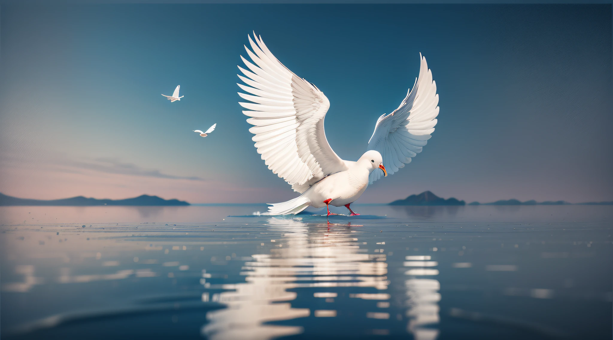 (extremamente realista,obra-prima, Biblia Sagrada aberta vista horizontal,floating on calm waters with white dove in the air, reflection on the water surface)