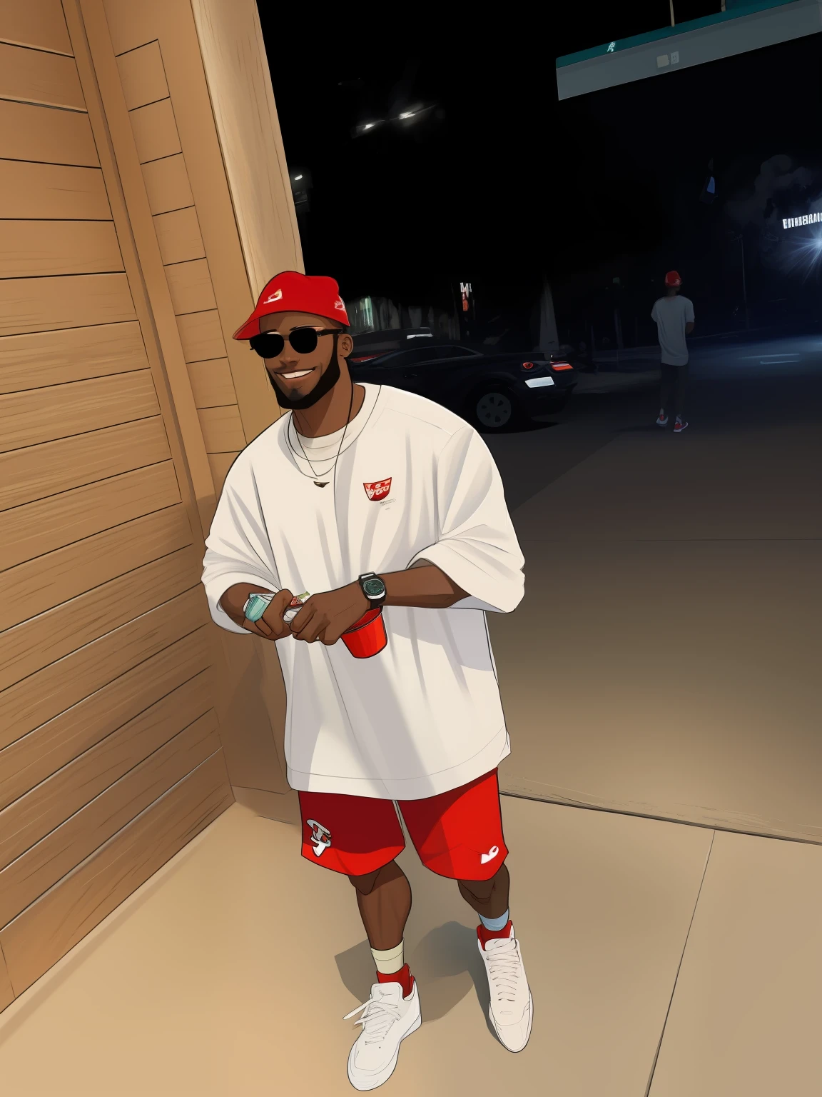 red cap, black man, cartoon style, illustration style, 4k, well-defined lines, keeping facial features, white t-shirt, red shorts, white sneakers, transparent glasses, dread hair, short beard, red cell phone in hand