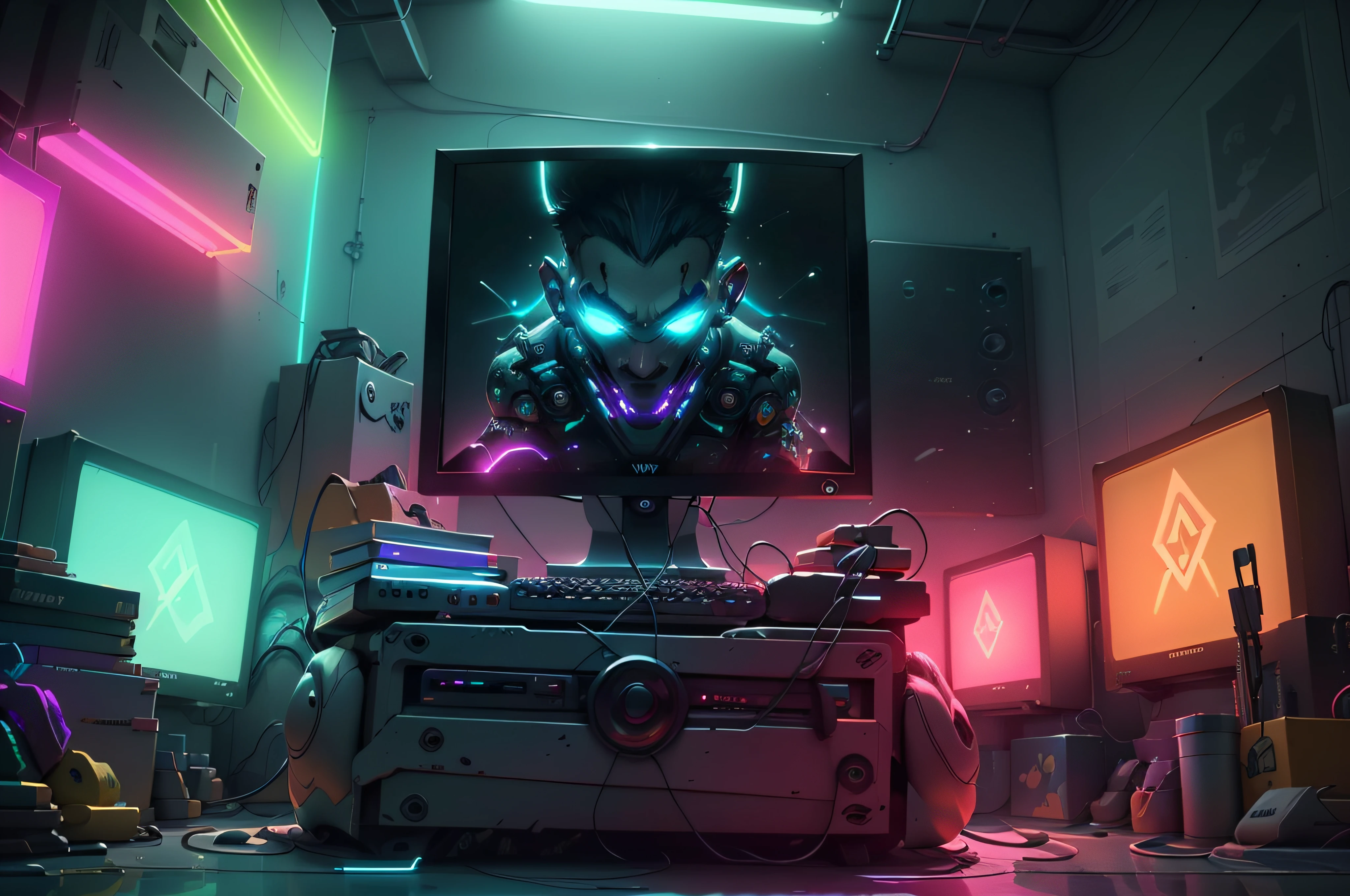 Jogos de console whit 1monitor, vidro, detalhes ornamentados, luz noturna neon , fotorrealista, 8k, Particles in the cyberpunk style scene, luzes neon, luz e cores de cinema,