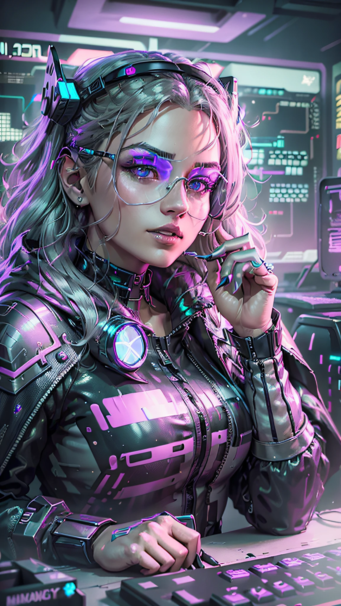 ((Best quality)), ((masterpiece)), (highly detailed:1.3), 3D,NeonNoir, beautiful cyberpunk woman,(wearing head-mounted display that is chunky and hi-tech:1.2),wearing a cape,hacking a computer terminal,PURPLE NEON LIGHT FROM MONITOR, GREEN NEON SIGNS ON THE WALL,