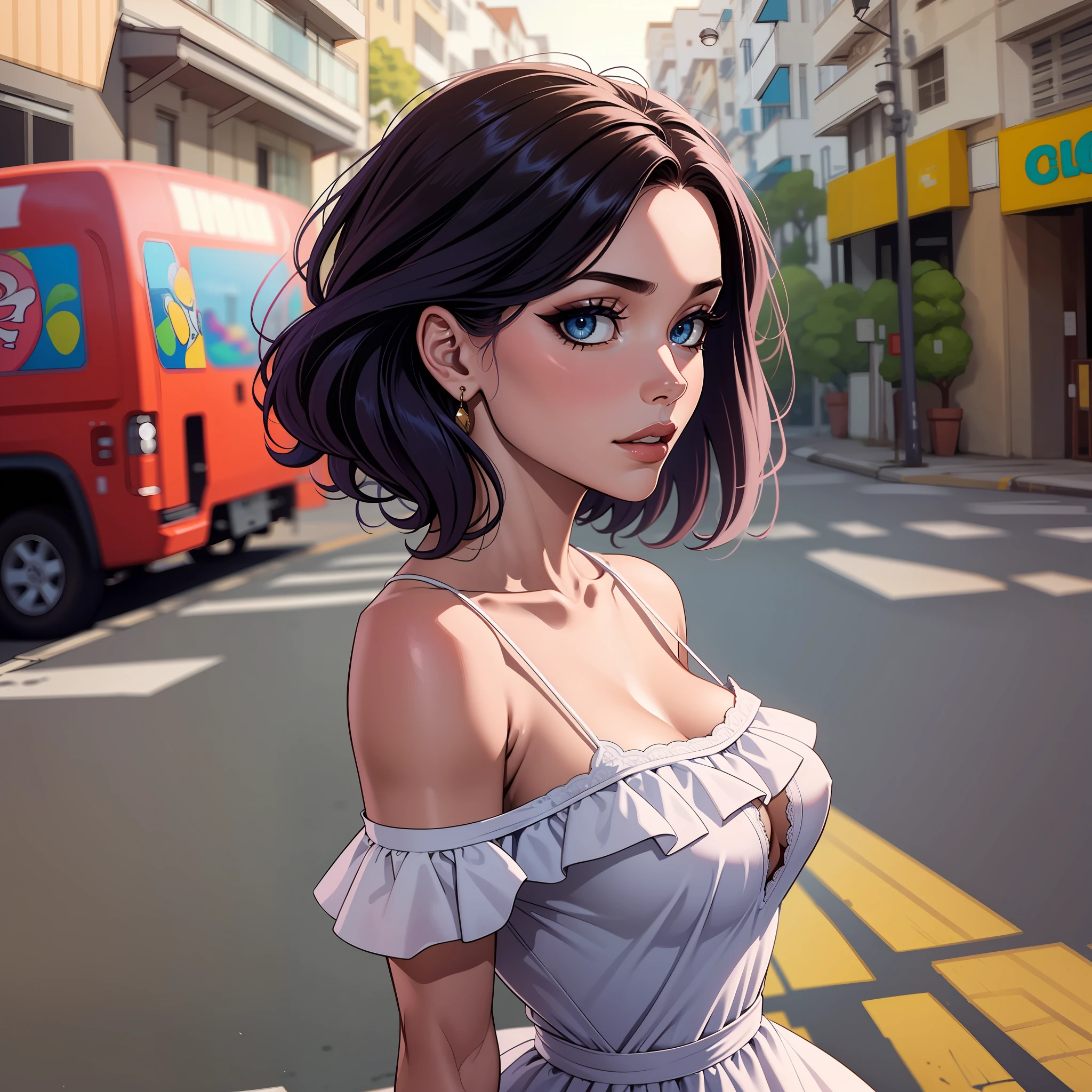 Mulher, cabelo loiro, vestido, olhos azuis, em uma cidade
