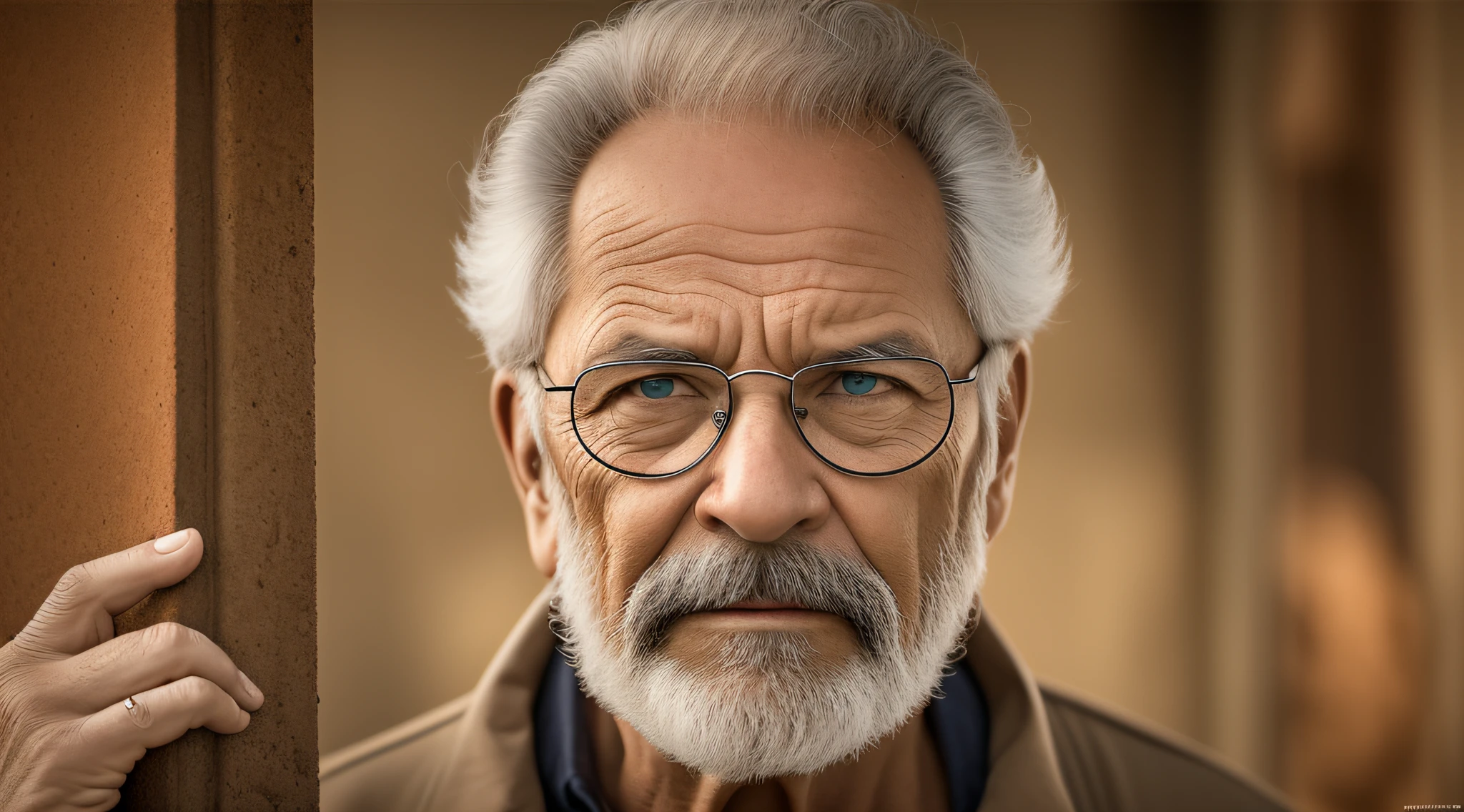 um retrato de perto, (papel de parede 8k extremamente detalhado), centrado, (simetria), homem velho, olhar para o espectador, sorriso, bigode, eyeglass, soft Cinematic Light, textura 4k, detalhes intrincados, hdr, intrincado, (((cinematic look)))