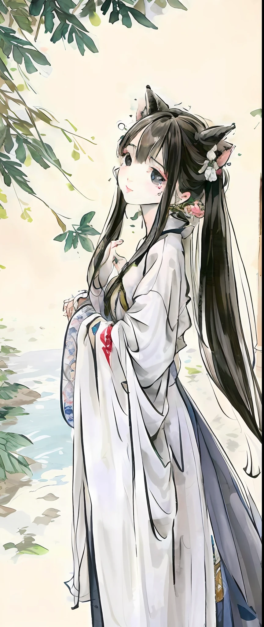 ((4k,masterpiece,best quality)), shuimobysim, Chinese painting, lotus, hanfu, maxiskit, dressed conservative 1 girl, solo, white hair, long hair, fox ears, white, bikini, fish, many fish close to the girl, looking at the audience, teasing