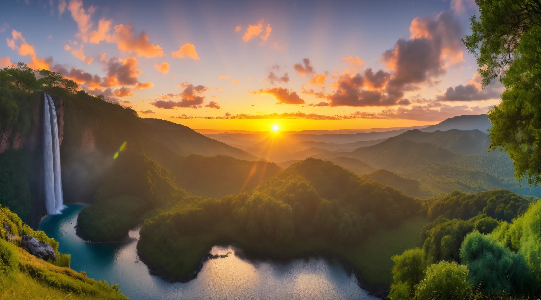 (8k, RAW photo, photorealistic:1.25) , on the mountain, see the waterfall, sunset, humanoid cloud, Verism, ray tracing, panorama, ultra wide angle, ultra hd, masterpiece, super detail, best quality, tyndall ray