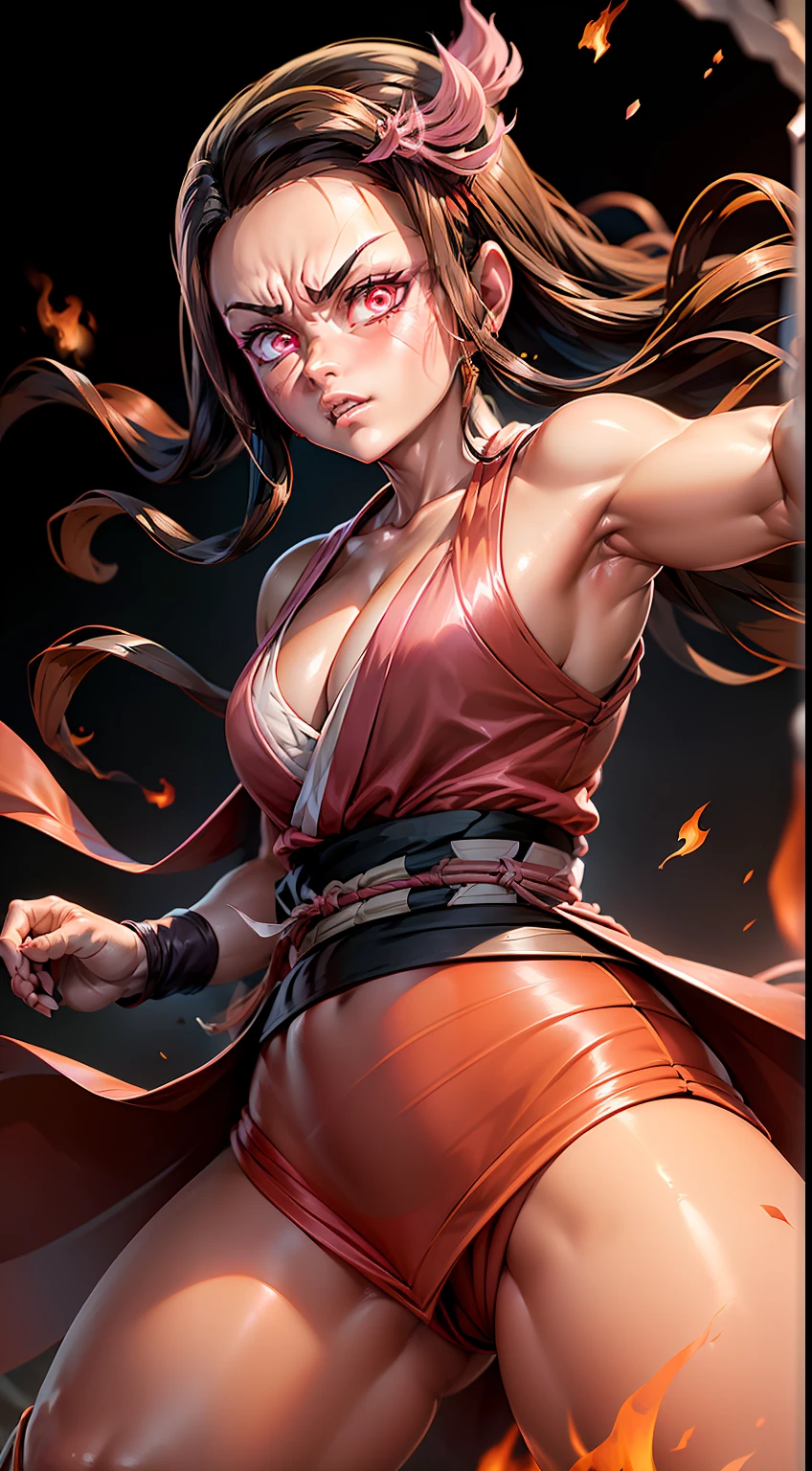 (extremely realistic, high definition character design), Nezuko Kamado standing in Sage Of Six Path Mode(Naruto), majestic and powerful,(pink glowing eyes:1.2),, flames blood engulfing his body, dynamic pose, standing on a burning battlefield, intense light and shadow contrast, high saturation colors, vivid and impactful. beautuful legs