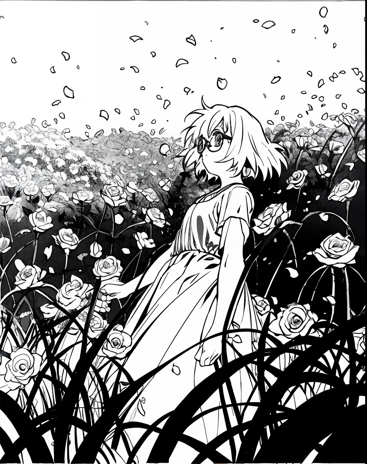 Mirai Kuriyama wearing a casual summer dress in a field full of flowers and tall plants, falling petals, roses, VHS, vintage, red glasses, manga style, white background, ((monochrome)), far away shot