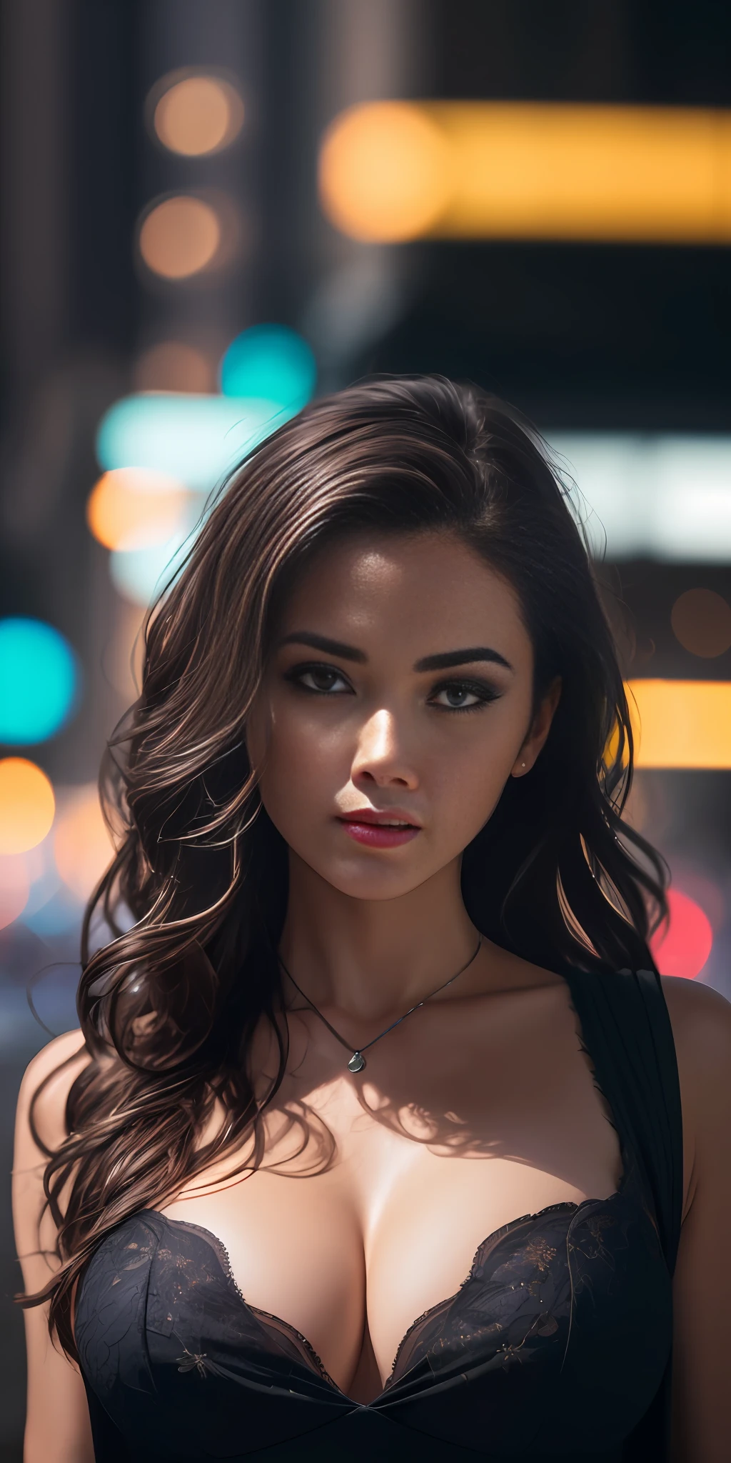 photo of a 25 years old european girl, RAW, beautiful woman, (extra long wavy brown hair), ((portrait)), ((detailed face:1.2)), ((detailed facial features)), (finely detailed skin), pale skin, (high detailed deep cleavage cyberpunk steel dress), cyberpunk megacity environment, (cold colors), damp, moist, reflections, (masterpiece) (perfect proportion)(realistic photo)(best quality) (detailed) photographed on a Canon EOS R5, 50mm lens, F/2.8, HDR, (8k) (wallpaper) (cinematic lighting) (dramatic lighting) (sharp focus) (intricate)