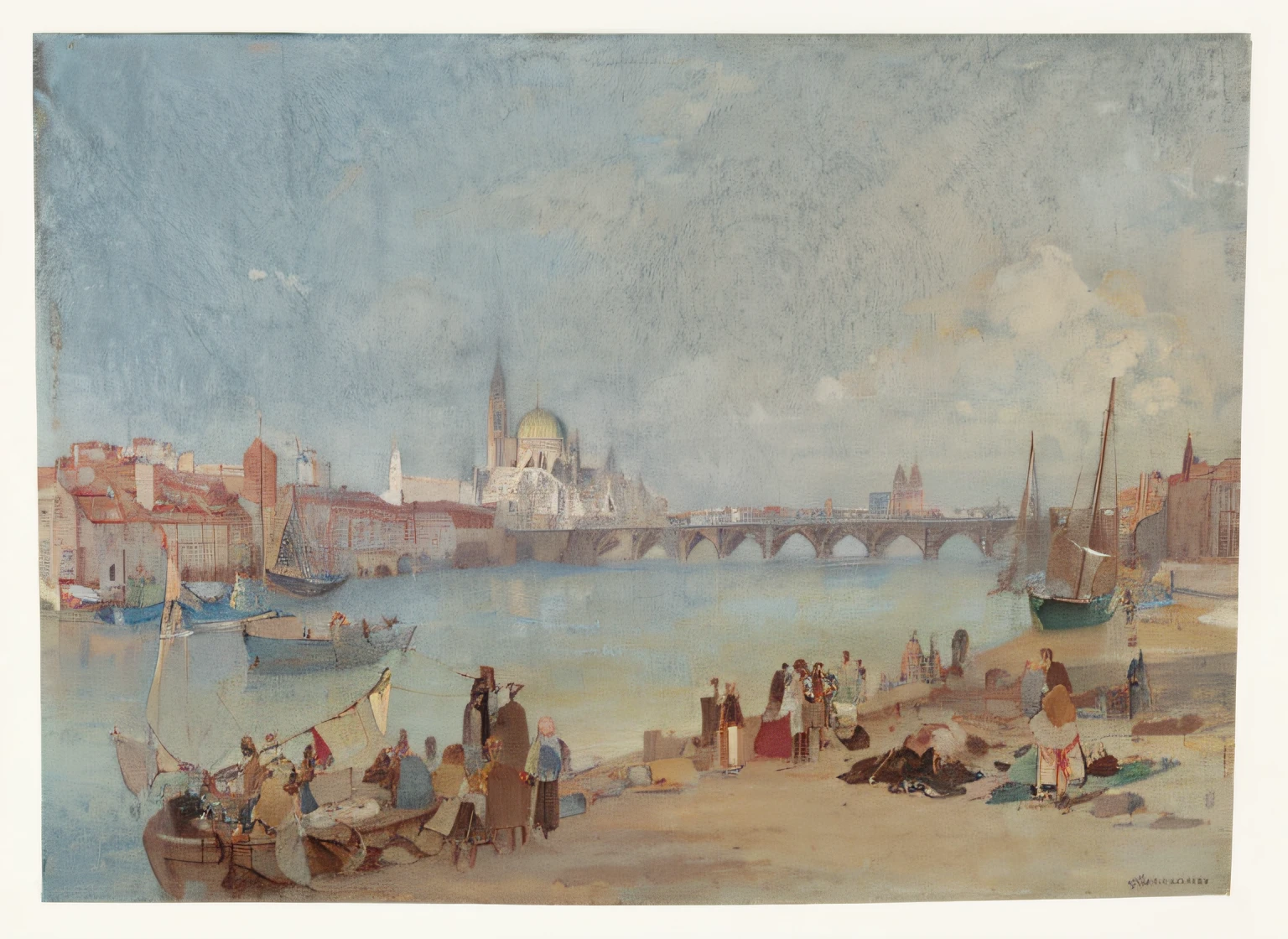 painting of a group of people standing on a beach next to a river, inspired by Richard Parkes Bonington, author:Richard Parkes Bonnington, author:William Turner(William Turner),Oxford, jmw turner, joseph mallord william turner, inspired by Samuel Prout, Beach scene, author:Samuel Prout, italian beach scene, turner whimsical, inspired by Francesco Guardi,In the background, the city building looms in the distance, On the horizon,Notre-Dame de Midview,French architecture that gradually closes the perspective,A twelve-arch bridge spans both banks,There are many boats docked on both sides of the river,In the foreground, a group of people stand by the river,guangjiao
