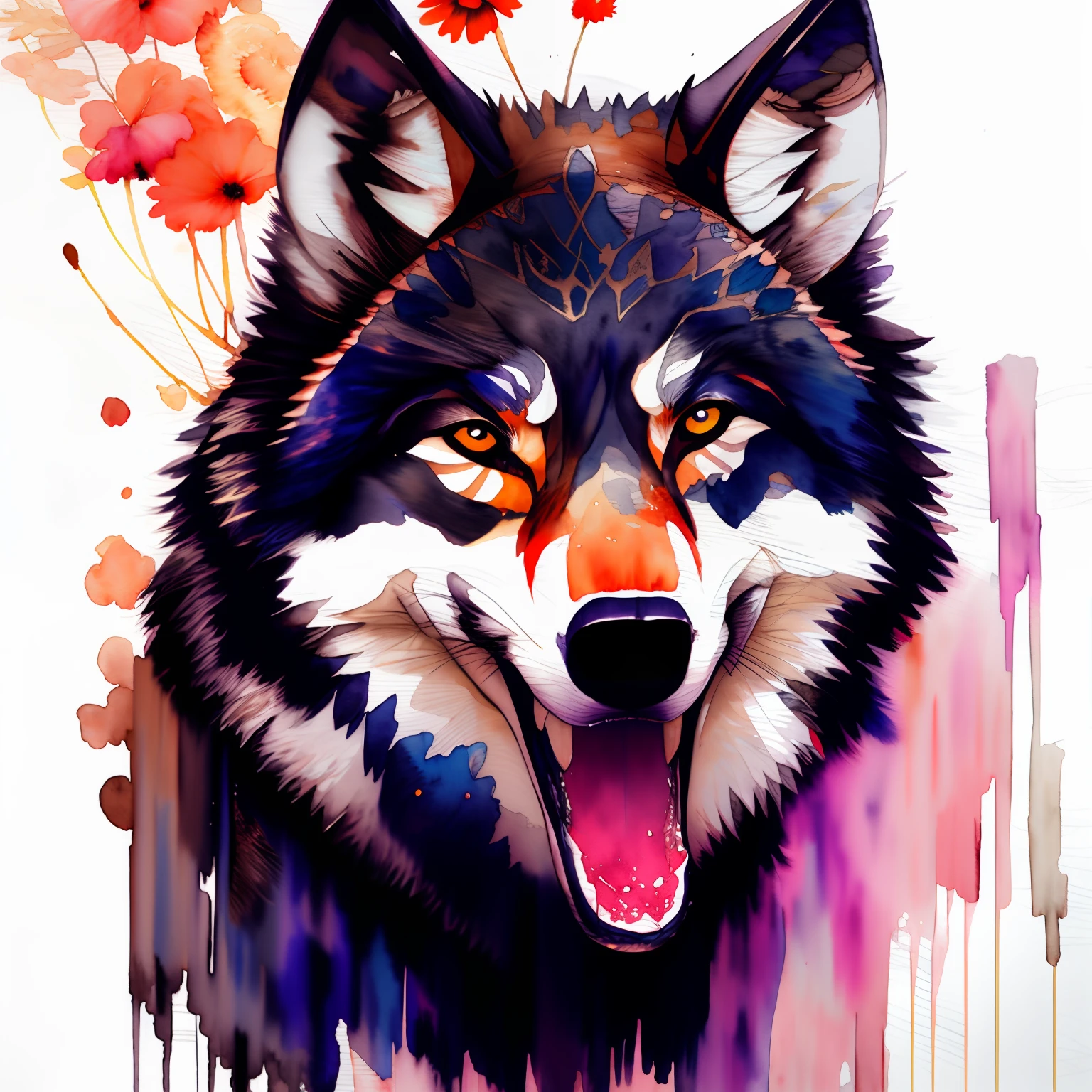 wtrcolor style, digital art of (wolf character), official art, frontal, smiling, masterpiece, beautiful, ((watercolor)), face painting, ink splashes, intricate details. Detailed and highly detailed eyes, [pinging: 0.5], Trend in artstation, by Rachel Walker