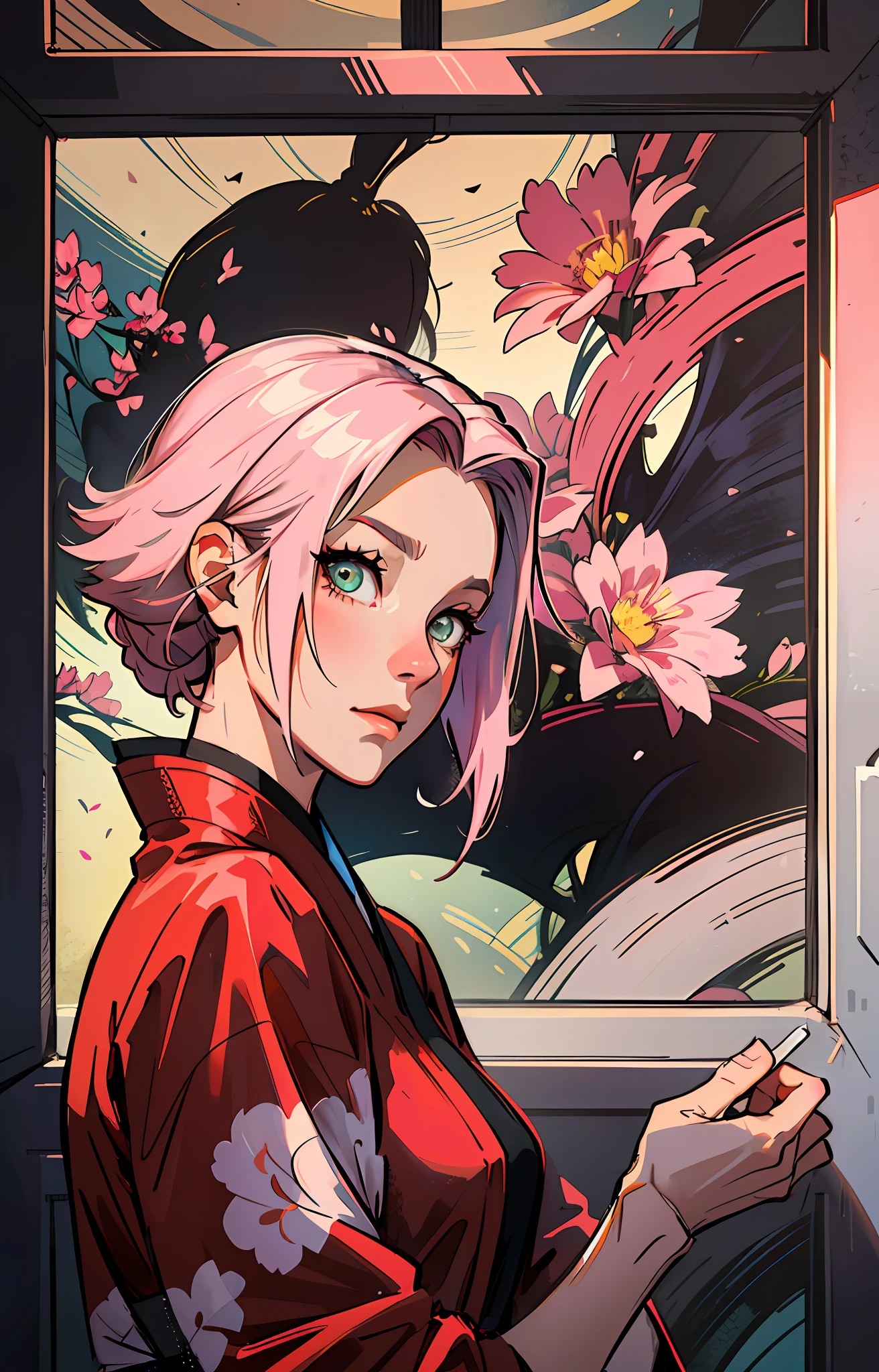 sakura haruno, ((somente)), sozinha, ((Head for the exhibition)), elegante, um kimono vermelho, Sakura haruno em Naruto Shippuden, she's charming, atraente, cabelo rosa, delicado, jovem, cabelo curto, detalhado, highes definition, ((corpo inteiro)), she's in her house looking at a picture, olhando para o espectador, she's a beautiful woman , beautiful and nice woman, Linda, Bela, alta qualidade, olhos definidos, highes definition, nitidos, sharp strokes, Linda, red bow in hair,trending on ArtStation, por RHADS, Andreas Rocha, Horse, Makoto Shinkai, Laurie Greasley, Lois van Baarle, Ilya Kuvshinov e Greg Rutkowski