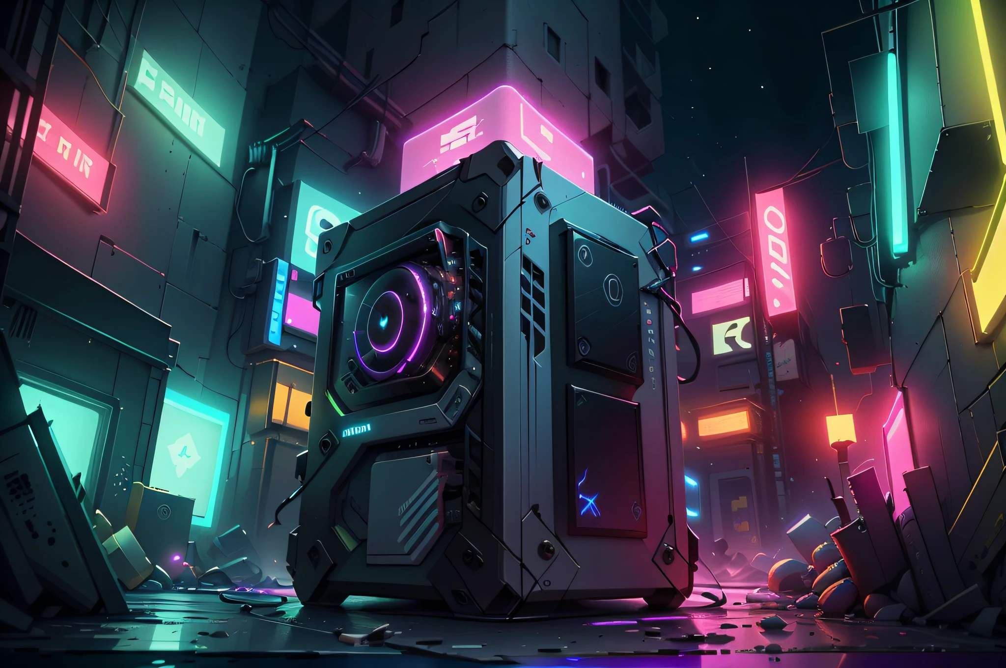 Jogos de console whit 1monitor, vidro, detalhes ornamentados, luz noturna neon , fotorrealista, 8k, Particles in the cyberpunk style scene, luzes neon, luz e cores de cinema,