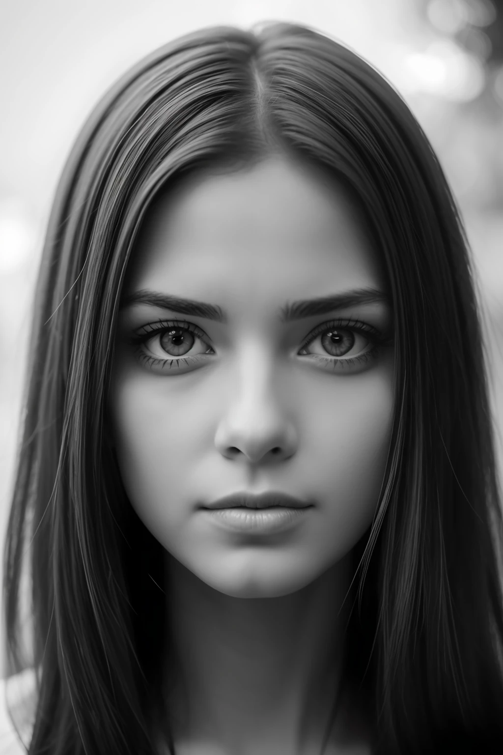 Beautiful girl, close up portrait, photography, symmetrical face, symmetrical eyes, looking at the camera, Nikon, black and white, highly detailed, soft focus, smooth detail, natural lighting, intricate