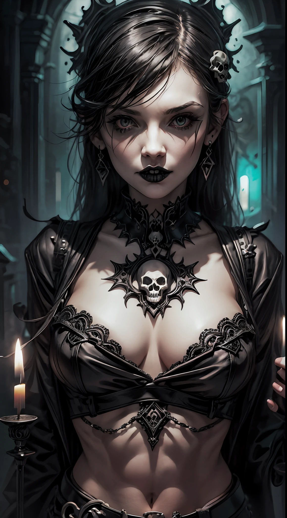1Punk and goth girl with goth outfit,Sexy,skulls and lit candles around and in the background