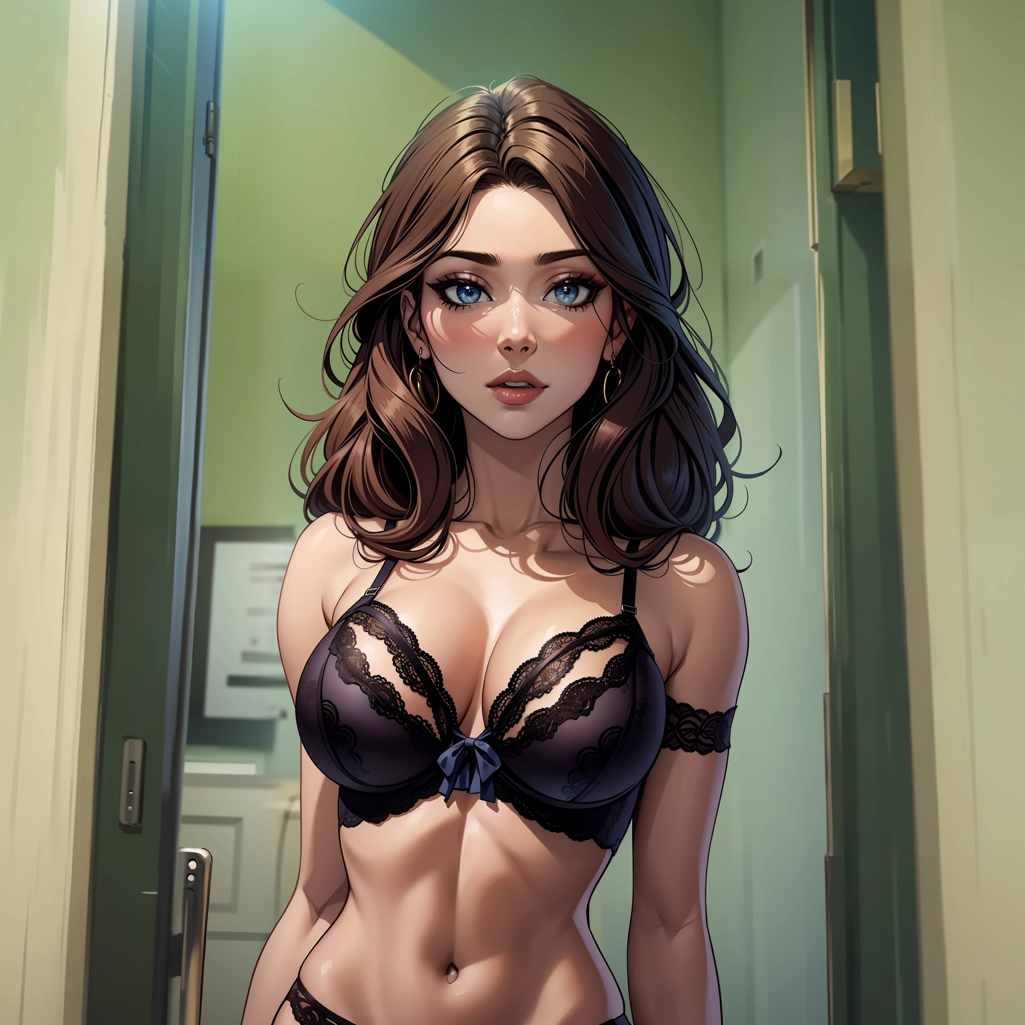 Mulher, cabelo loiro, vestida de lingerie, olhos azuis, em uma cidade