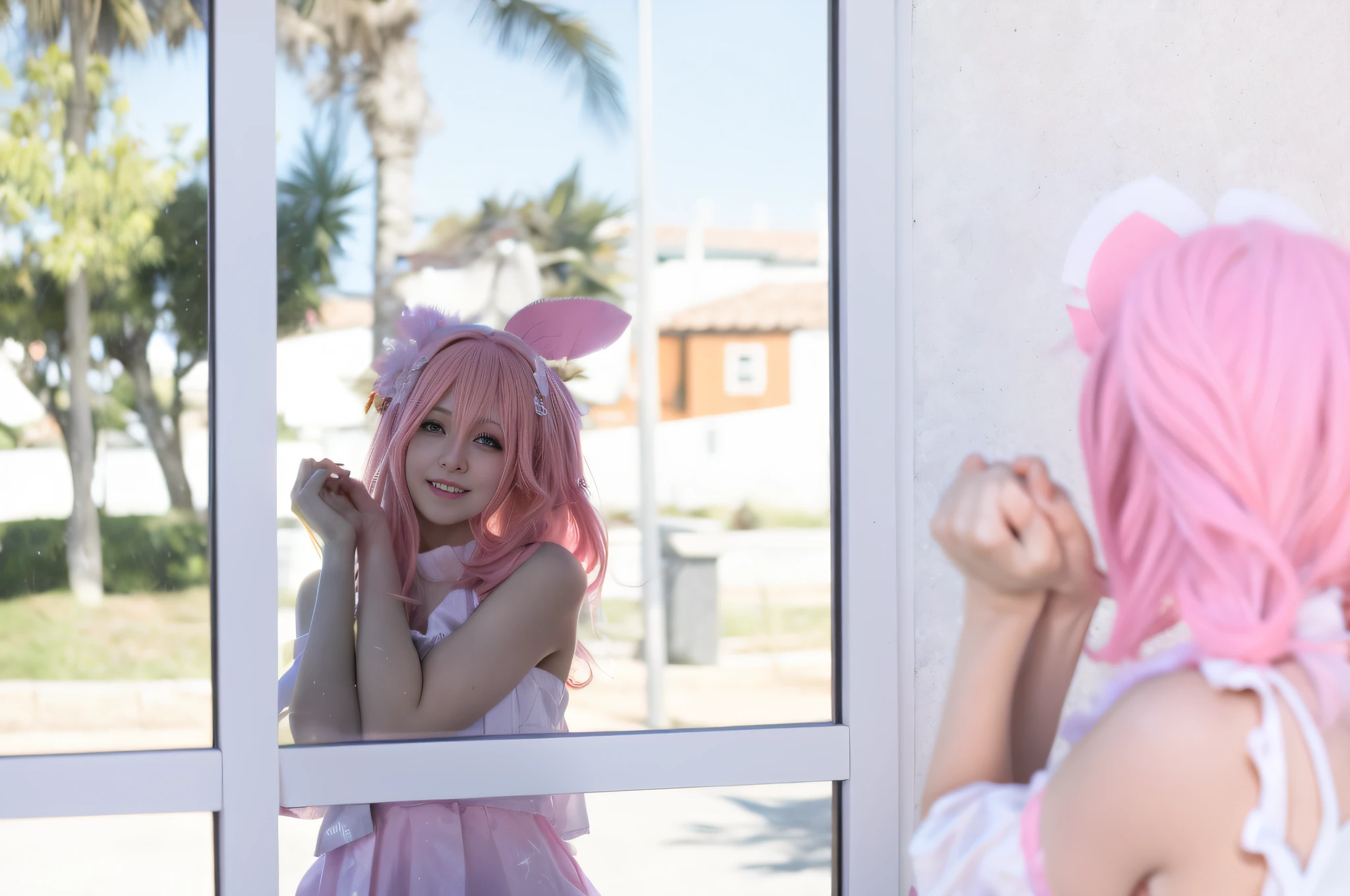 there is a woman with pink hair and bunny ears looking in a mirror, Cara hermosa, Anime Girl Cosplay, portrait of magical lolita girl, con un disfraz de conejo rosa, Fotos de cosplay, Retrato de la mujer radical Lolita, Anime de cosplay, Hermosa Delphine, Retrato de Magical Girl, con orejas de conejo, Cosplay de un catboy! Sirvienta! vestido, cosplay, Ayaka Cosplay, Estilo Lolita