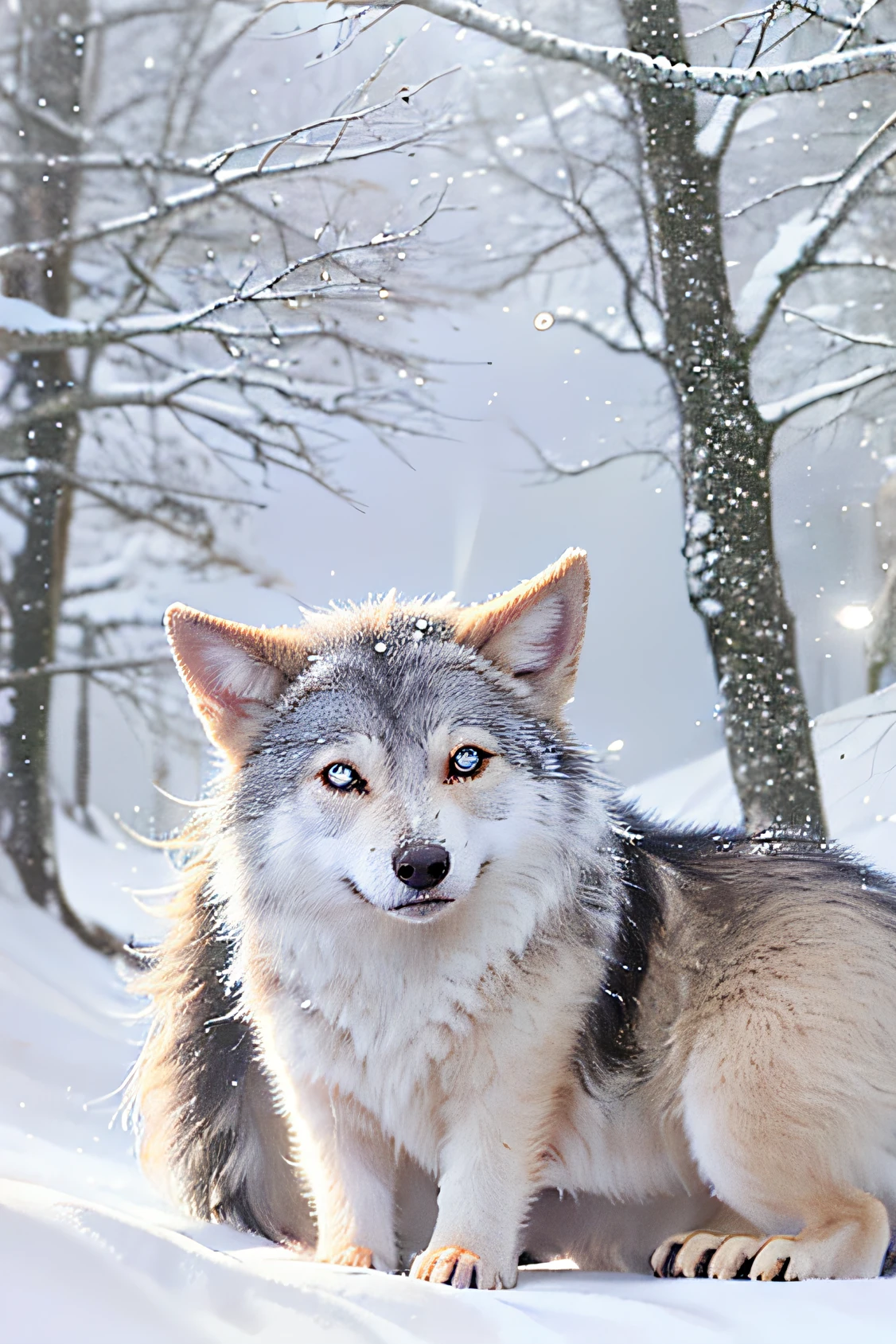 chibi, beautiful girl and wolf, snowy landscape, light, bright background, get along, best quality, bright, smile, blue eyes, halo, lassen, real