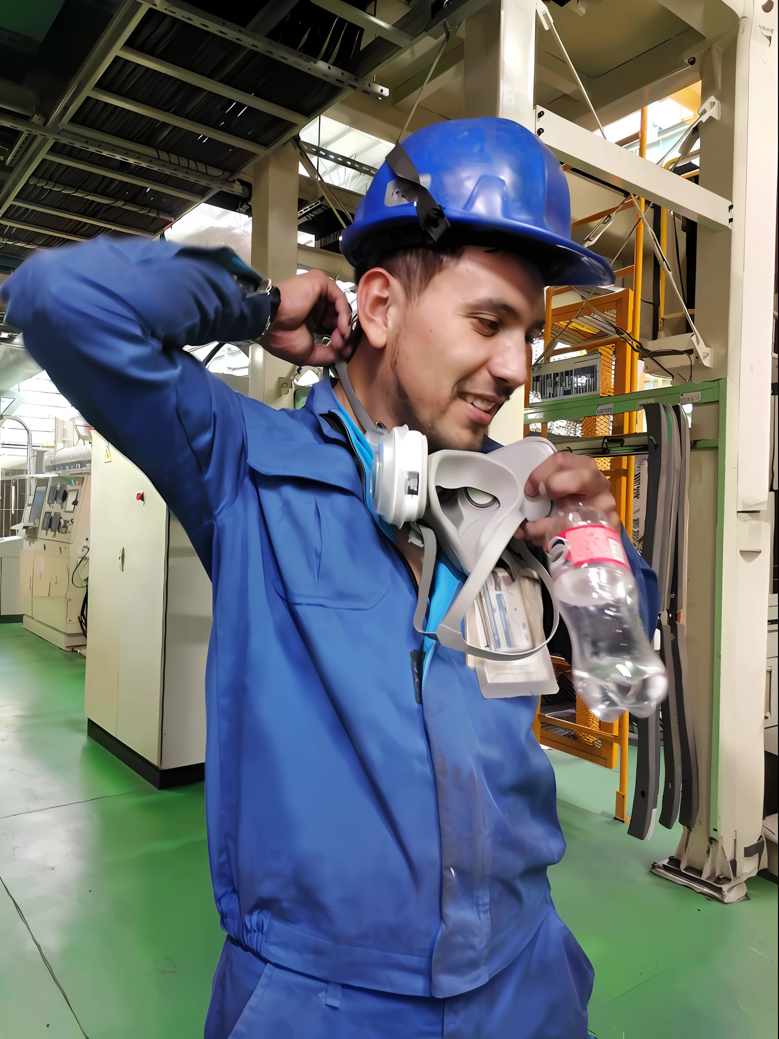 Arafed Trabajador con mono azul y casco sosteniendo una sierra circular, in a factory, stood in a factory, Uso de auriculares, Pose completa, Foto de mantenimiento, ingeniero, Inspeccionar en imagen de inventario, mantenimiento, industrial photography, Usar auriculares, Uso de un exoesqueleto, Pose divertida, Trabajando duro, con auriculares, body harness, Imagen sincera, mecanizado
