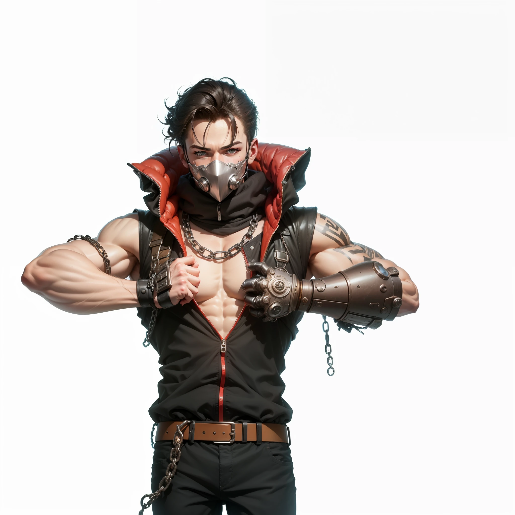 1 boy, realistic, with chain in boddy, mask, detailed skin, detailed face, detailed mask, highligt image, perfect, robo, muscle,