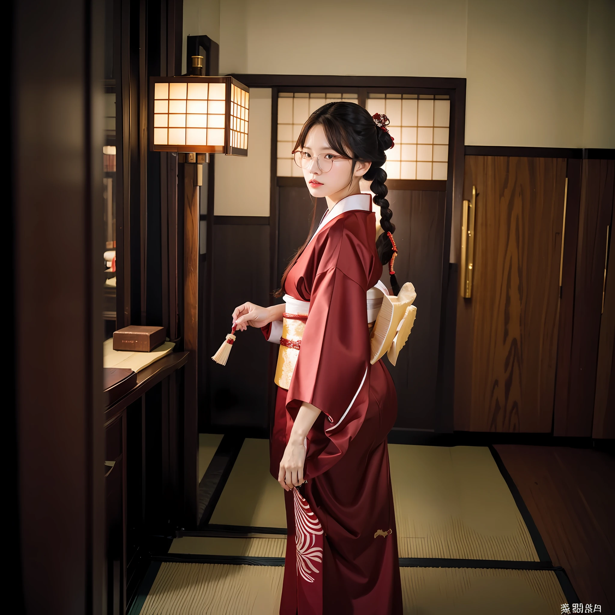 woman in traditional kimono outfit holding a fan in a room, in a kimono, Hanfu, japanese kimono, traditional japanese, Red kimono, Palace ， a girl in hanfu, traditional geisha clothing, red kimono with flower patterns, komono, wearing gilded red robes, with acient chinese clothes, hakama kimono, Wearing kimono, wearing ancient Chinese clothing