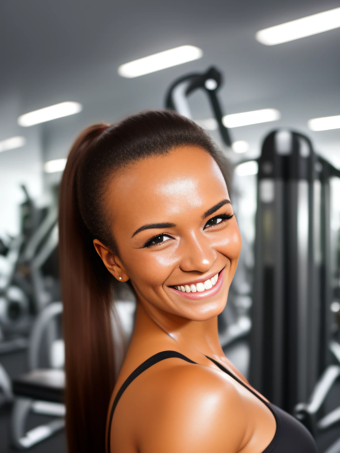 tanned brazilian woman, oily forehead, shiny forehead, ponytail, sunglasses, smiling, indoor, gym photography