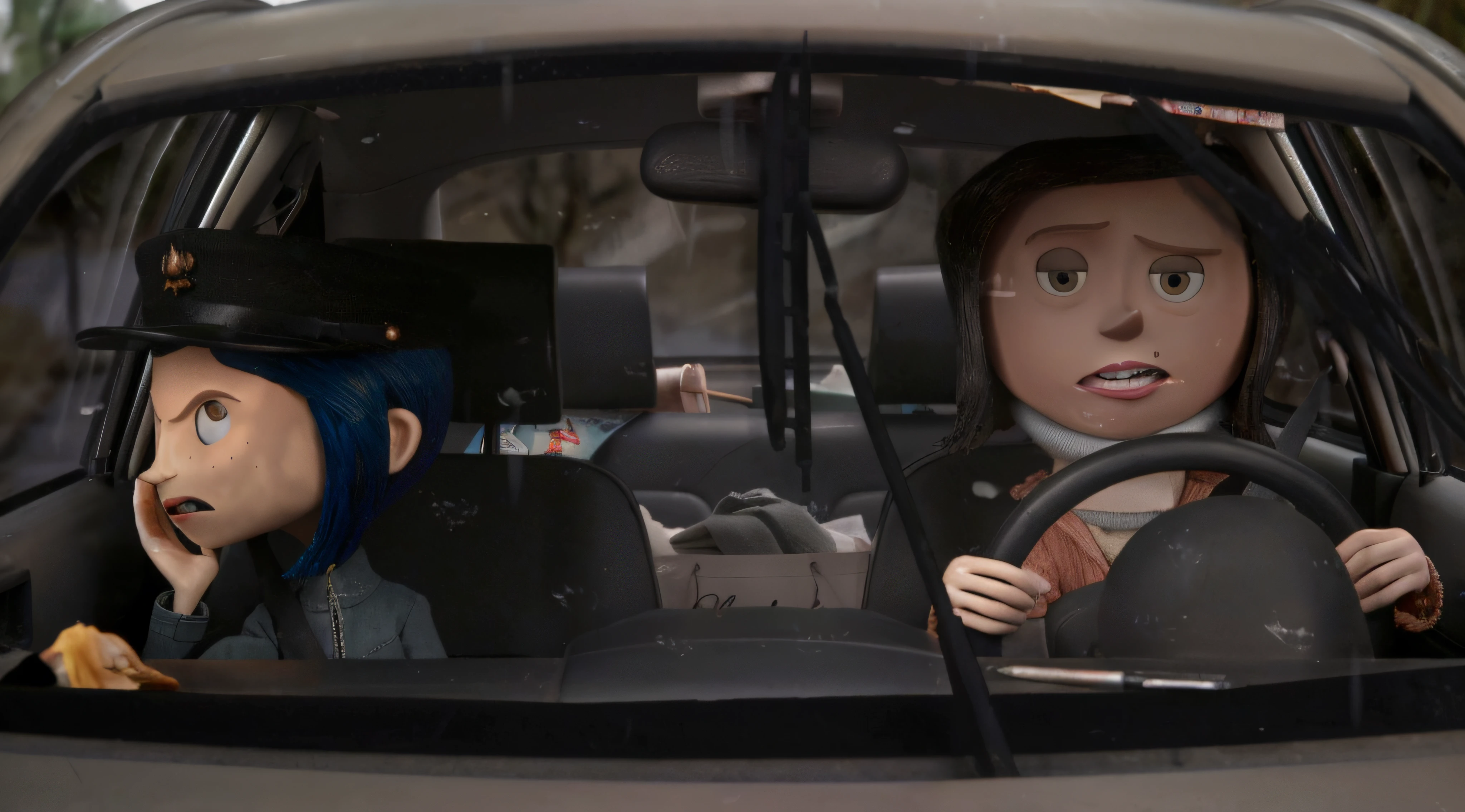 there are two people in the back of a car with a steering wheel, the'other mother'from'coraline ', animated film still, animation film still, still from animated horror movie, coraline, animated movie scene, animated still, animation still, animated film, animated movie still, animated movie shot, still from alita, animation still screencap --auto