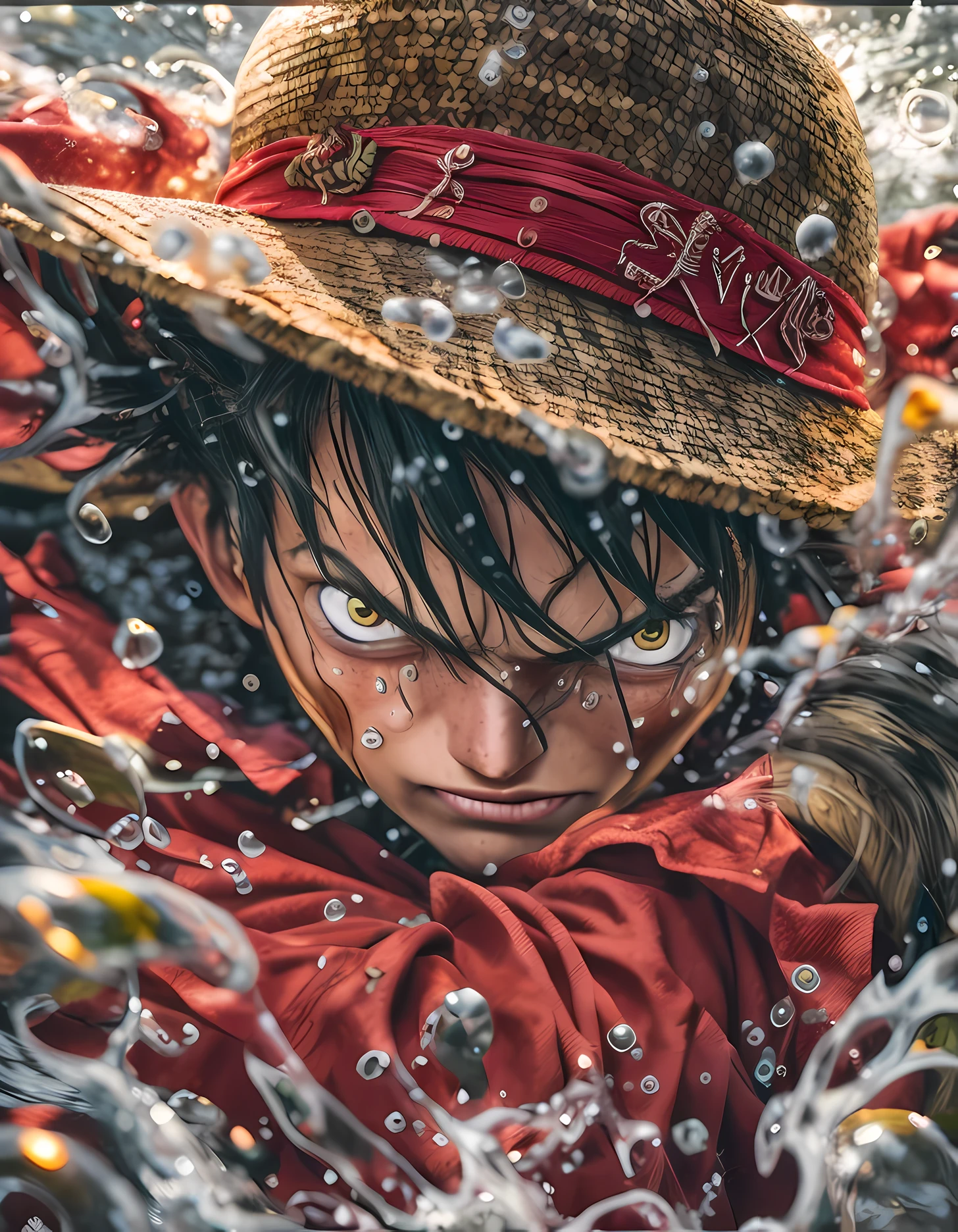 um close up de um jovem de 17 anos , Straw hat with red shirt, Luffy, Macaco D. Luffy, 8k , cabelo preto e olhos castanhos  , intricadamente detalhado, detalhes finos, hiperdetalhado , gentle illumination , particulas de agua no ar