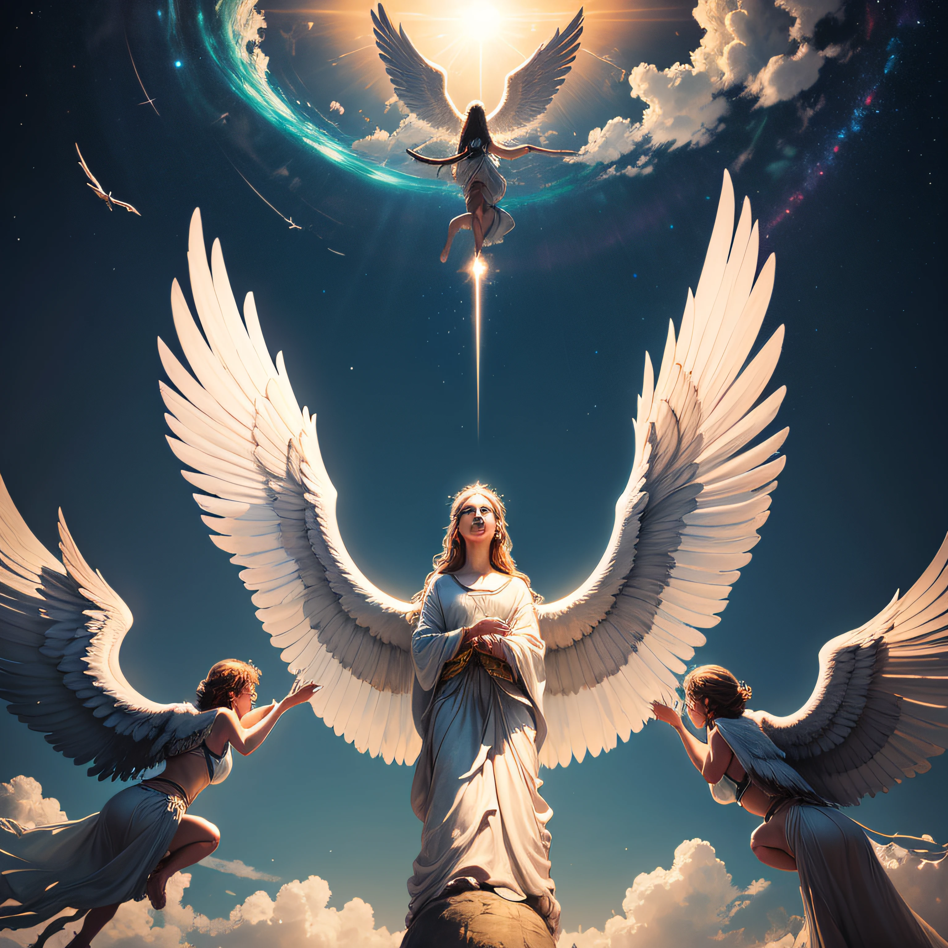 Painting of a group of angels flying in the sky, anjos voadores, Getting to Heaven, arrebatamento celestial, reino divino dos deuses, heavens, entre nuvens celestiais iluminadas pelo sol, Segunda vinda do glorioso sobre a terra!