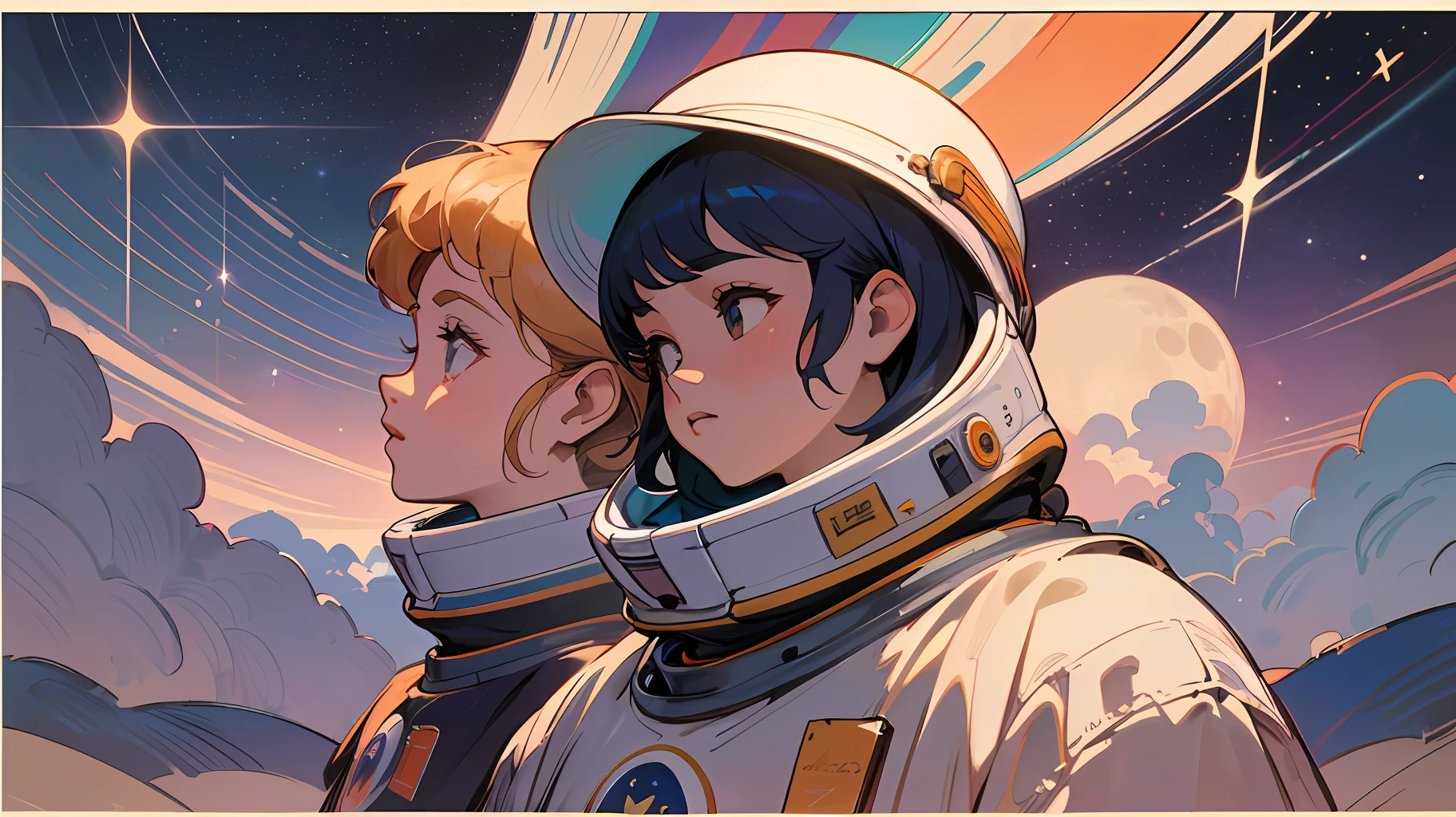 (obra maestra), (mejor calidad), (mejor detalle), (estilo vintage de los 60), (punto de vista general), (sello postal),(color principal de la ilustracion: violeta saturado), (color secundario: rojo pastel), dos mujeres astronautas en el espacio flotando, cara detallada,(cartel de publicidad con titulo con grandes letras en relieve), Western 60s Stage, noche (muchas estrellas, luna), sombreado (detallado, mucho contraste), estilo pulp, estilo neon, sensacion movimiento muy dinamico