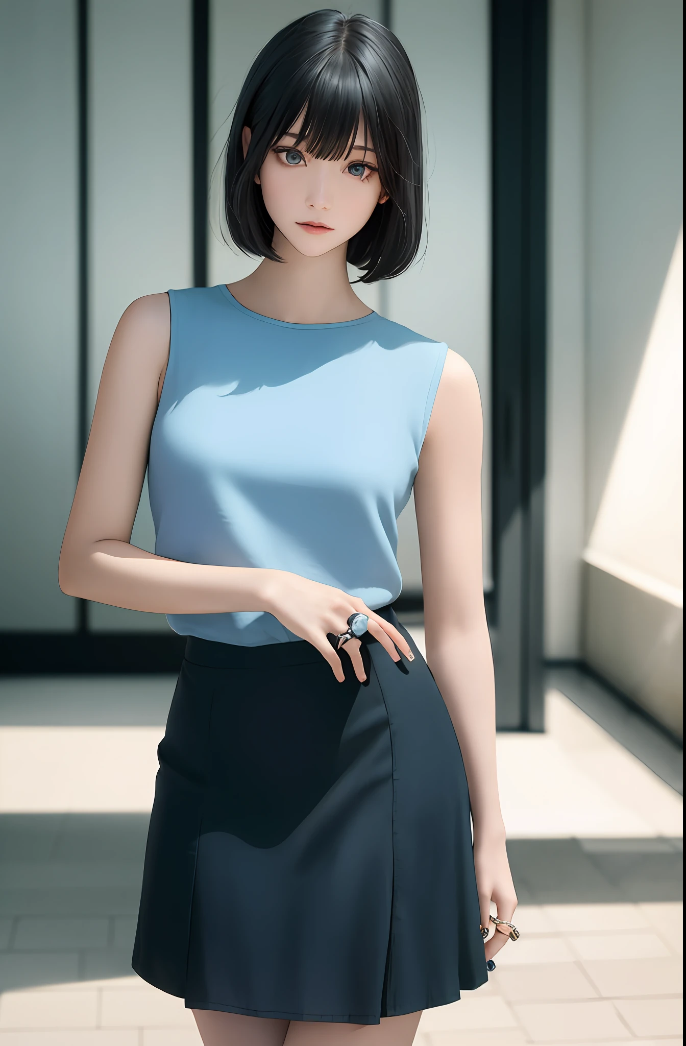 Masterpiece, (Photorealistic: 1.4), Top Quality, Beautiful Lighting, (ulzzang-6500:0.5), Makima (Chainsaw Man), (Bob Hair) + (Black Hair) + (Bangs), Blue Eyes, Blue Eyes, (((Ring Eyes)), (Flared Skirt), RAW Photography, 8k UHD, Film Grain