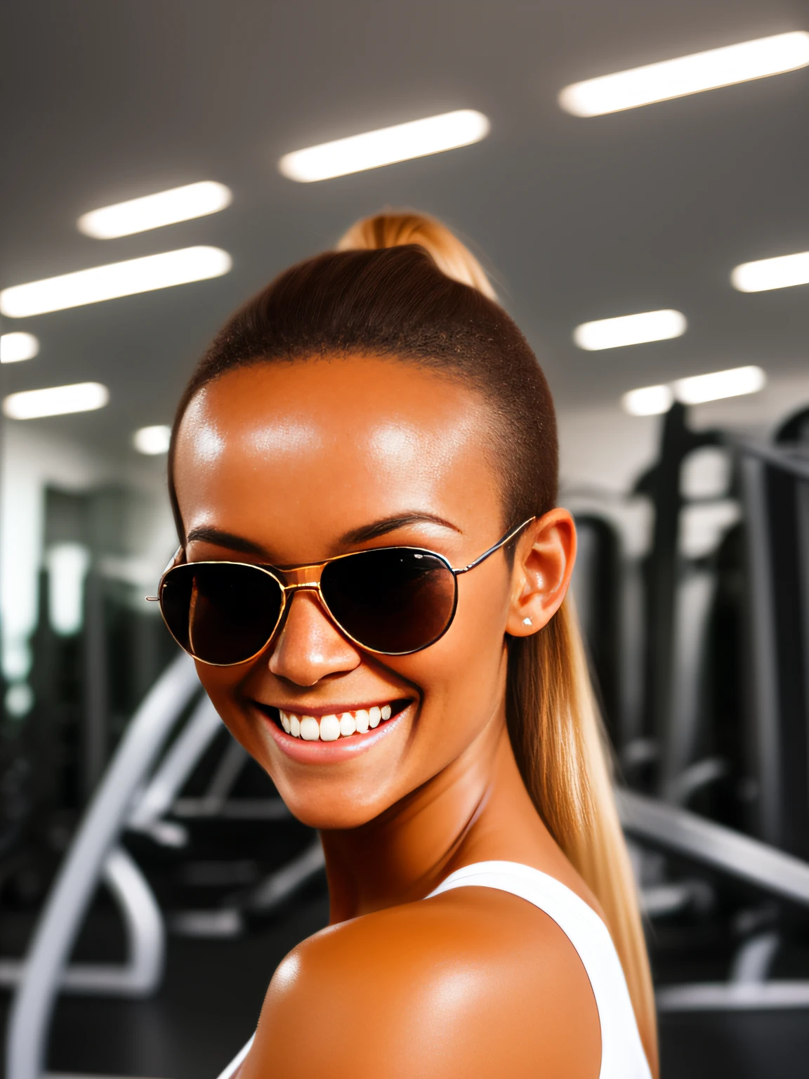tanned brazilian woman, oily forehead, shiny forehead, ponytail, sunglasses, smiling, indoor, gym photography