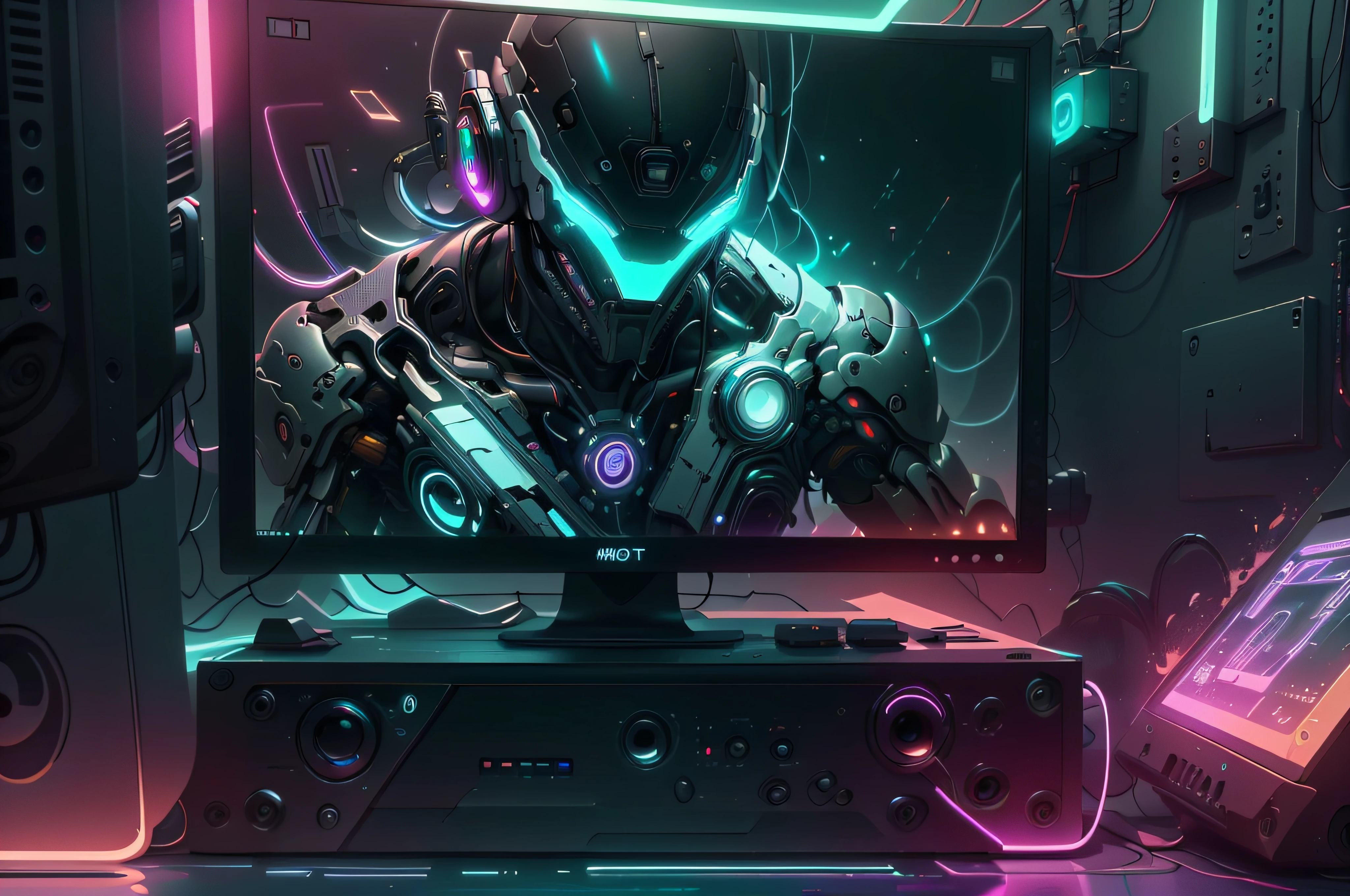 1monitor, vidro, detalhes ornamentados, luz noturna neon , fotorrealista, 8k, Particles in the cyberpunk style scene, luzes neon, luz e cores de cinema,