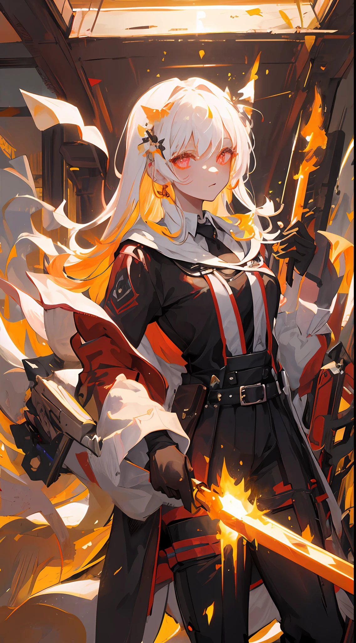 Wolf & Spices, (Masterpiece, Top Quality, Best Quality, Beauty and Aesthetics: 1.2), (1 Girl: 1.1), Glowing Eyes, Extreme Details, (Color: 1.1), (Color Background 1:1), (#ff311f: 1.5), (#f08432: 1.2), Supreme Detail, Weapon, Grip Weapon, (Glow Weapon), Detailed Background, Fire: 1.2, Flowers: 1.2, Masterpiece, 8K