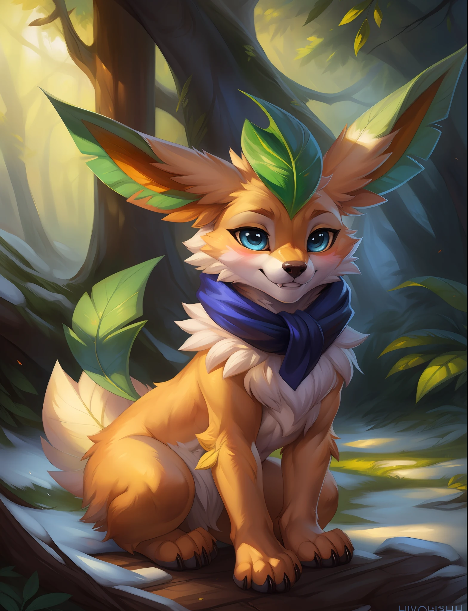 leafeon, hires, ((solo focus)), (nintendo, pokemon), blushing, text, paws, masterpiece, best quality, by hioshiru, snowskau, foxovh. impasto impressionism, by Michael & Inessa Garmash, Ruan Jia, Pino Daeni, detailed background, blue eyes, navy blue,